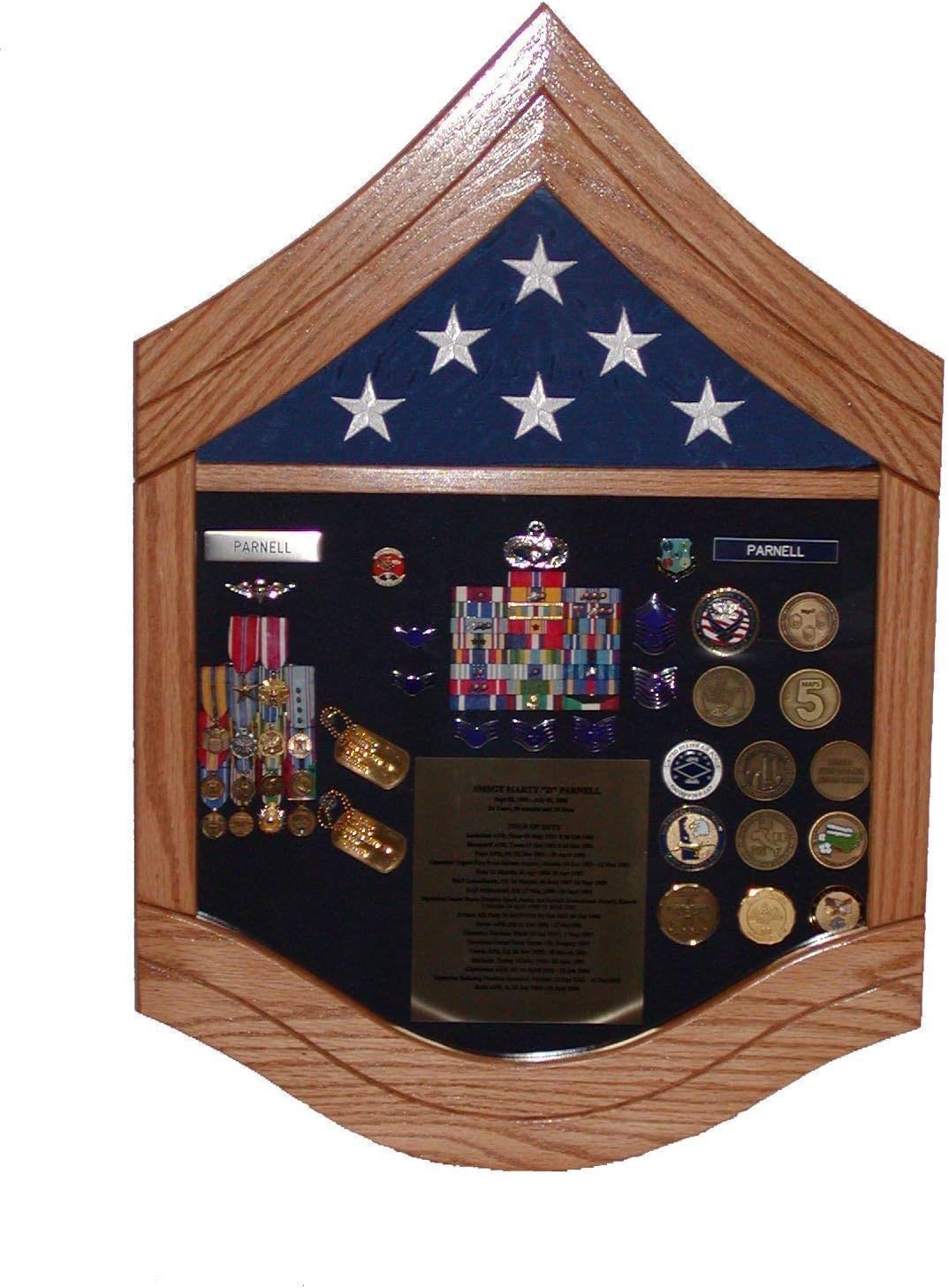 US Air Force E-8 Senior Master Sergeant (SMSgt) Shadow Box – Oak Hardwood Flag Display Case for 3′×5′ American Flag & Medal