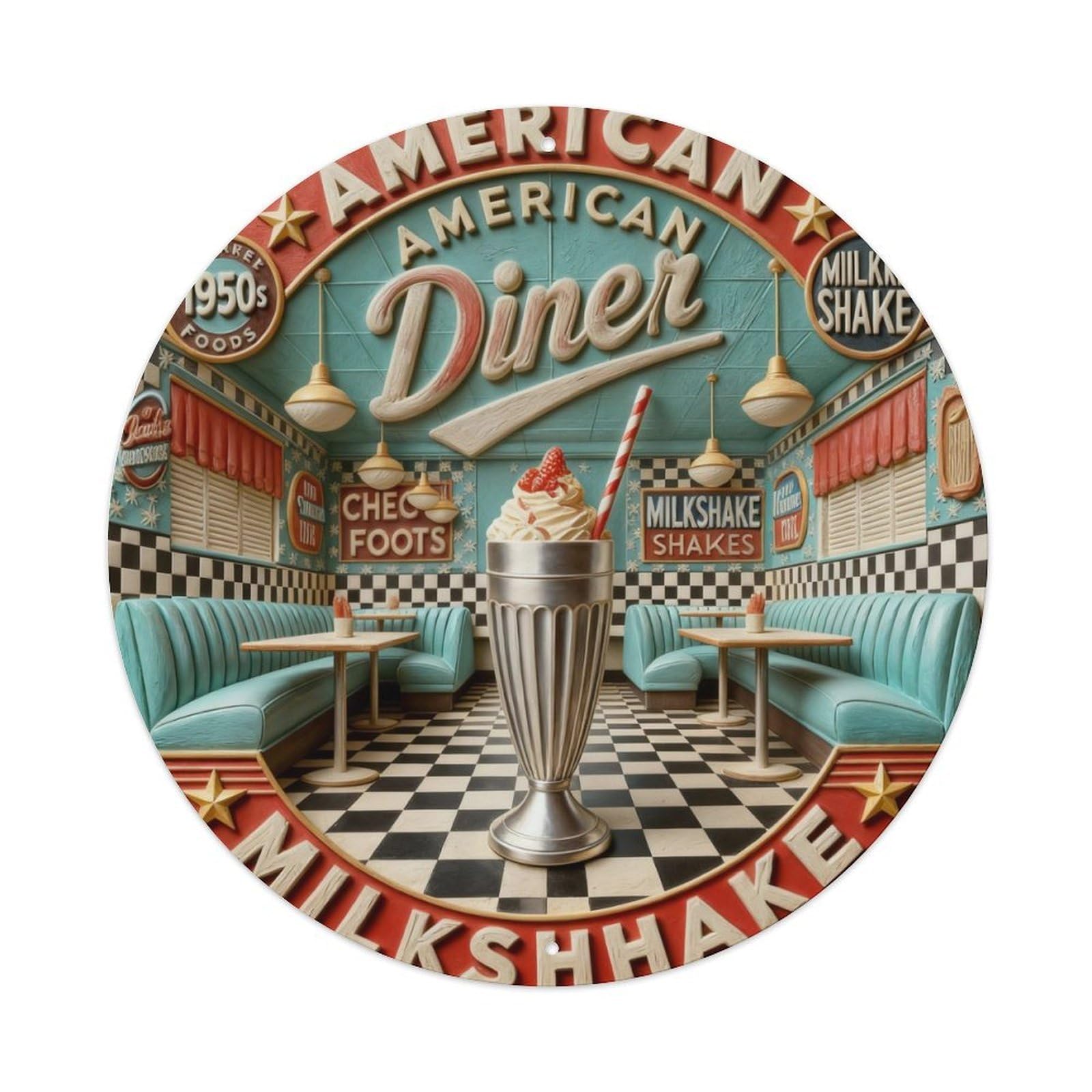 American Diner Milkshake Pattern Print Metal Tin Sign Plaque