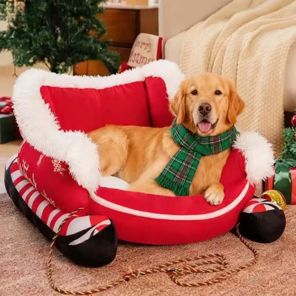 Christmas Sleigh Dog Bed, Festive Plush Cozy Dog Bed - Christmas Sleigh, Funny Santa Sleigh Pet Warm Bed with Non-Slip Base, Easy to Clean & Long-Lasting for Indoor & Outdoor Use (#A,23.6*14.9*11.0in)