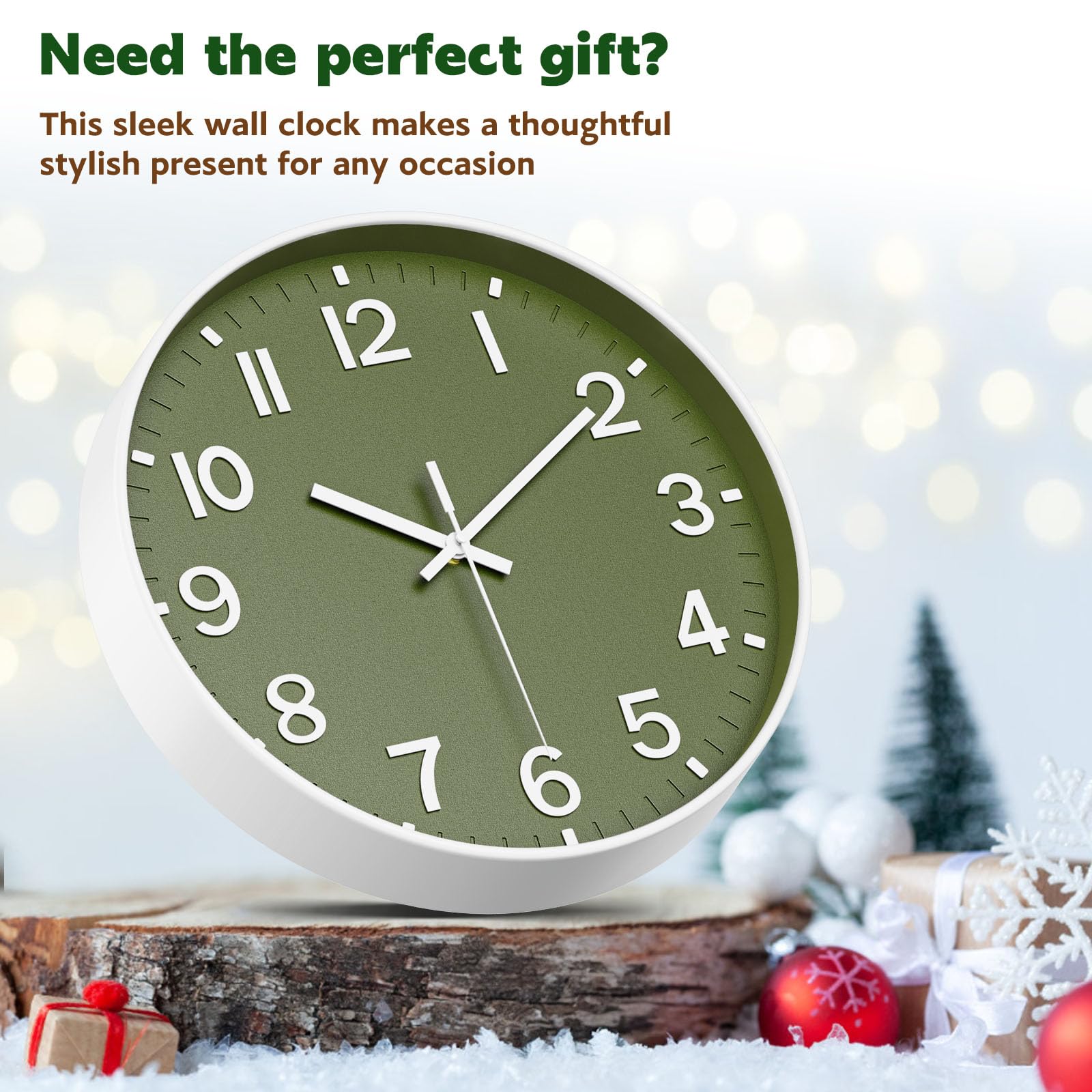 Silent Wall Clock Non-Ticking Battery Operated – Modern Olive Green Analog Wall Clock for Living Room, Kitchen, Office, Bedroom – Stylish Home Wall Decor Clock, 8 Inch