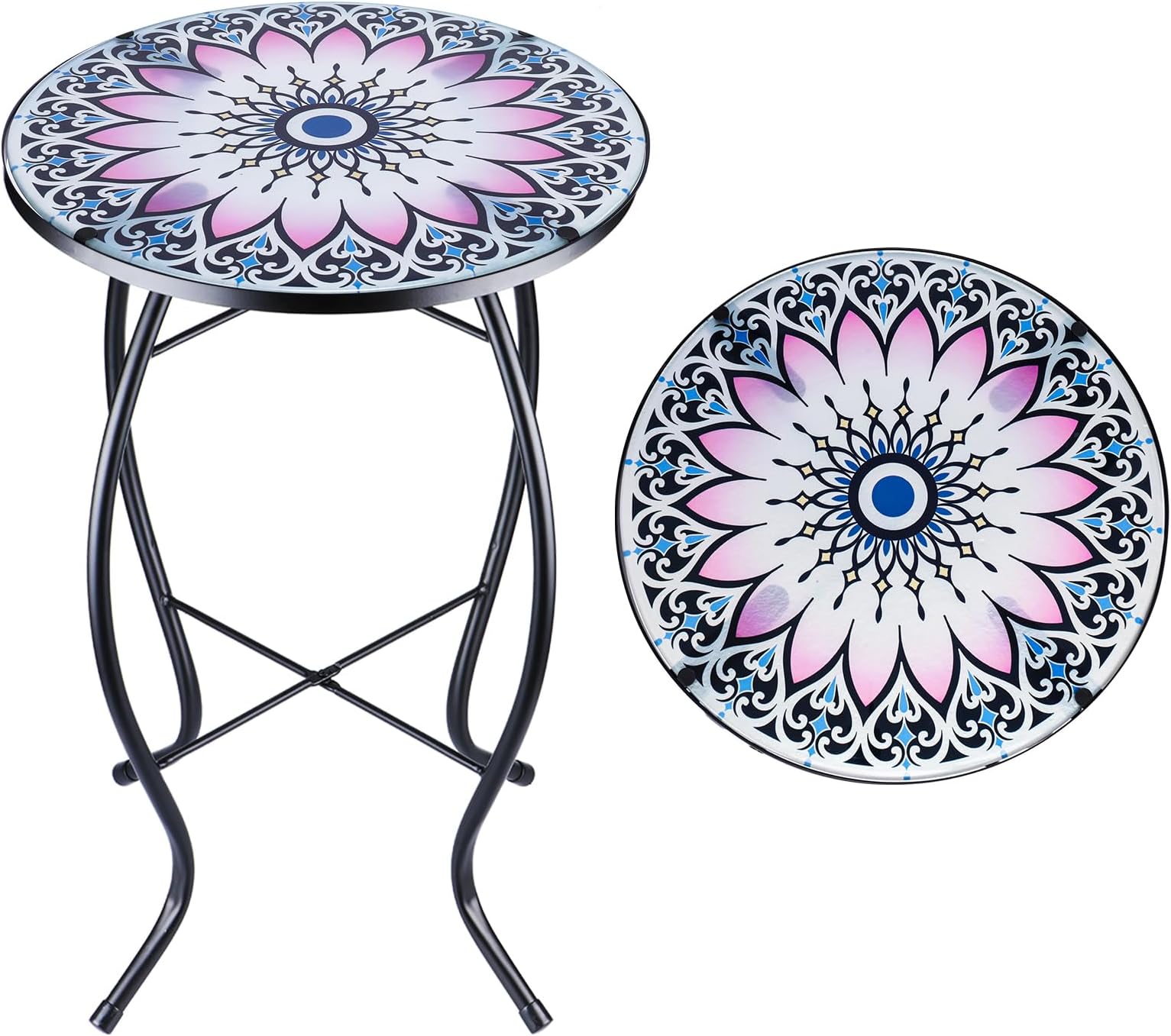 VCUTEKA Outdoor Side Table Mosaic End Table Patio Side Table Small End Tables Glass Top Round Balcony Coffee Porch Indoor Glass Top Flower 14''