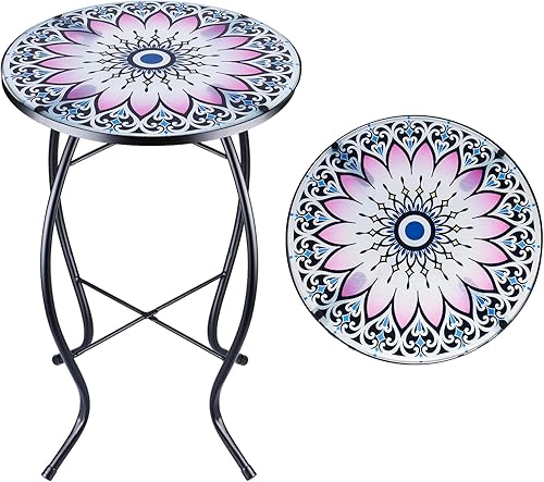 Miniatura 16 de VCUTEKA Mesa auxiliar de mosaico para patio, mesa de centro al aire libre, mesa de centro bistró, mesa auxiliar para plantas, mesa de porche