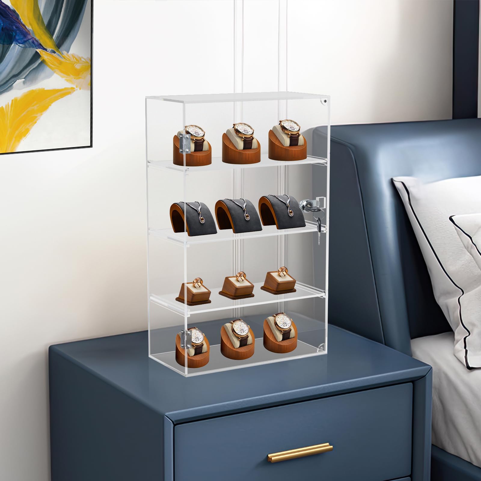Choowin Vitrina acrílica de 4 estantes con llave de bloqueo, vitrina transparente con estantes extraíbles, almacenamiento seguro para coleccionables, 12 x 6 x 19 pulgadas