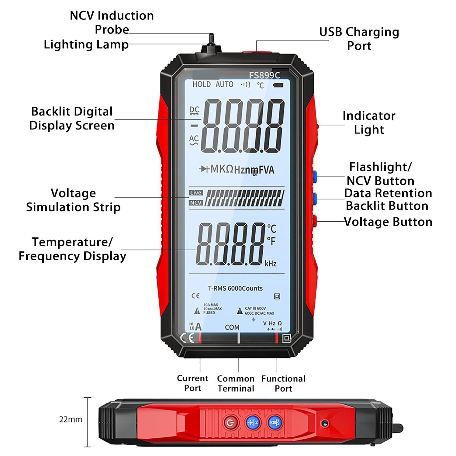 FS899C/FS899L Multimeter, True RMS Smart USB Rechargeable Digital Multimeter – 6000 Counts, Large Color Screen & Backlight, Automatic Tester for Electrical Issues (FS899C)