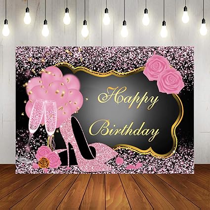 Amazon スウィートピンク ハッピーバースデー 背景 ローズシャイニースパンコール ハイヒール シャンパンゴールドフレーム パーティー 写真背景 Happy 30歳 40歳 50歳 60歳 誕生日デコレーション 大人 レディース フォトブース小道具 Loveinm バックペーパー 背景布