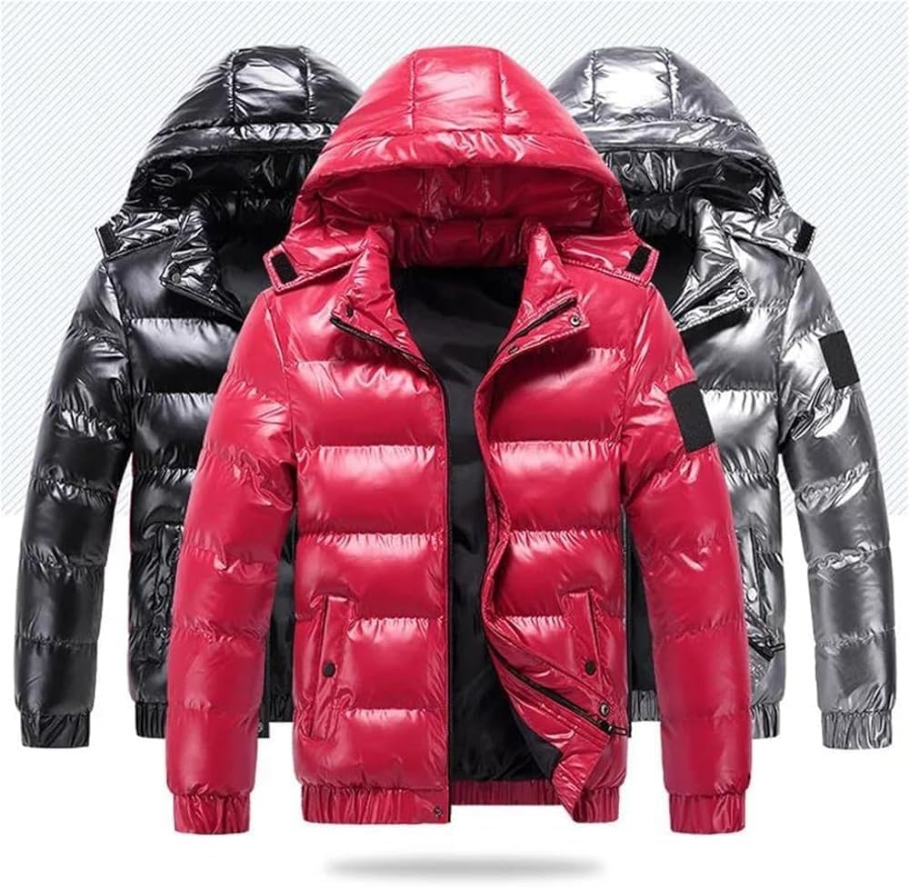 Mens Shiny Puffer Jacket With Hood Modern Slim Fit Glossy Winter Coat Lightweight Warm Quilted Padded Bubble Outwear