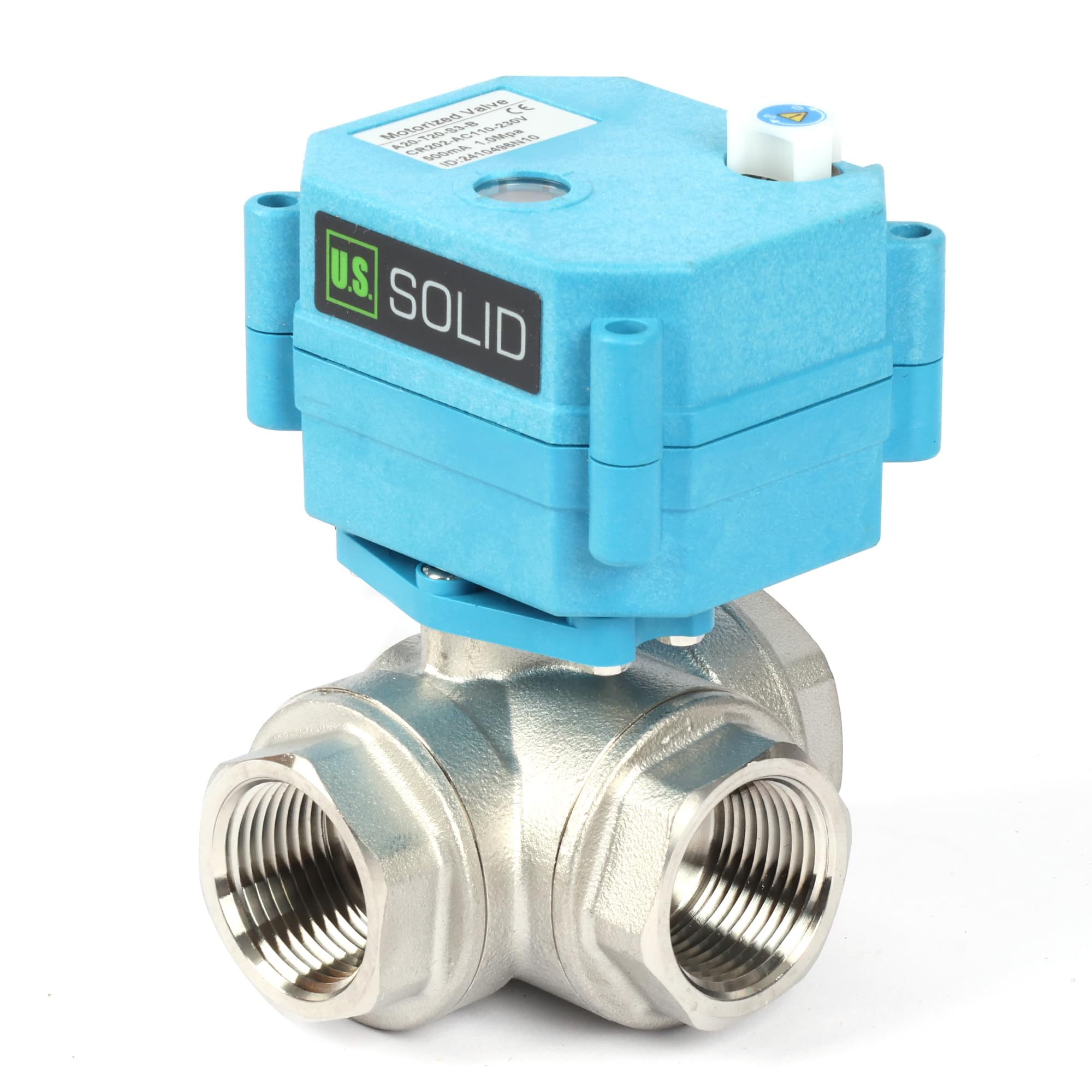 U.S. Solid Vanne 3 voies motorisée acier inoxydabl – 3/4", 110-230 V CA, type T, électrique de zone avec fonction manuelle, robinet d'arrêt d'eau, port standard