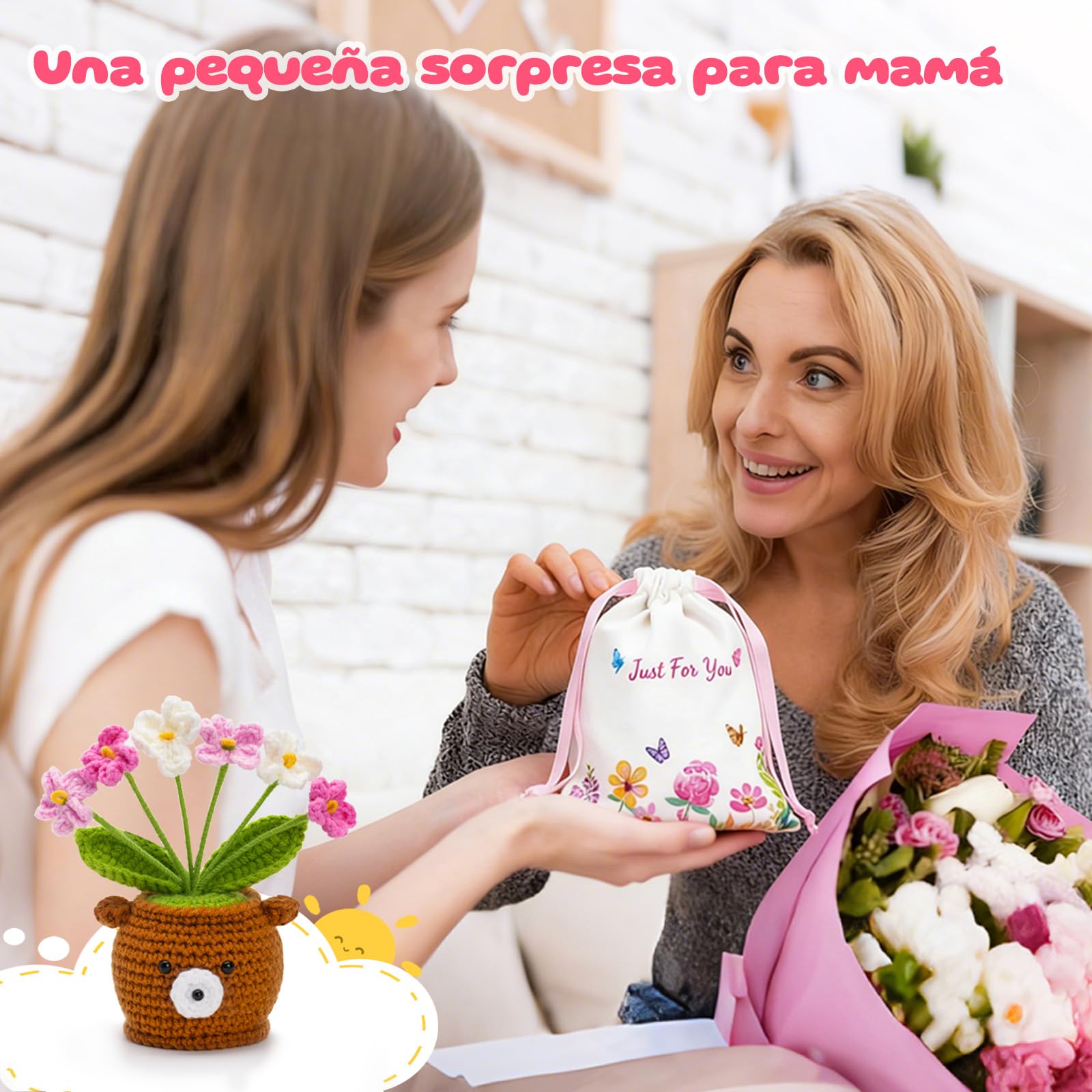 Regalo Día de la Madre, Regalo Mamá Flores de Crochet Ositos Peluche, Regalo Cumpleaños Madre, Tarjeta de Regalo Adjunta - la mejor Mamá del mundo, Te quiero mamá, Bolsita con Estampado Delicado — view 9