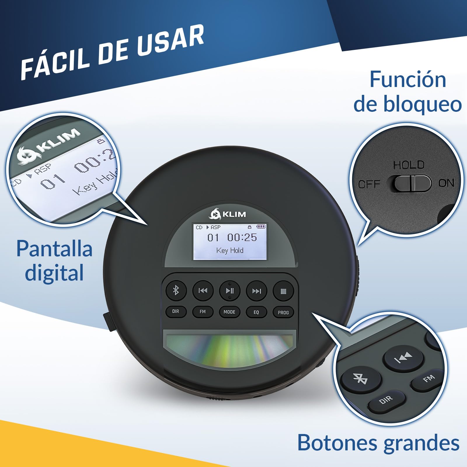 KLIM Nomad Reproductor CD portatil con batería Interna de Larga duración - Incluye Auriculares - CD Player Mini Compacto, Personal, Compatible con CD-R, CD-RW y MP3 [Nuevo] | Auriculares incluidos, doble puerto de audio, tarjeta TF, radio FM, protección a