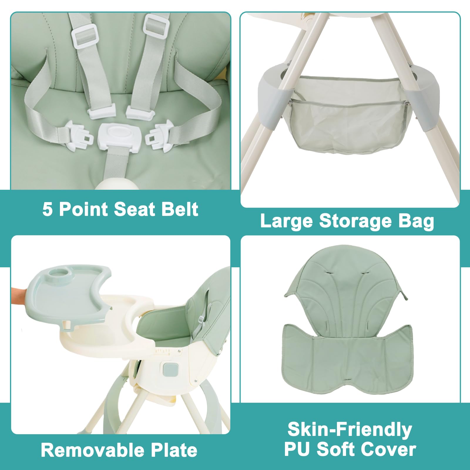 Chaise Haute Bébé Evolutive 3 en 1,Pliable,Inclinable,Double Plateau Détachable,avec Roues Universelles,3 Dossier Réglable et Ceinture de Sécurité à 5 points,Pour Bébé à partir de 6 Mois,Vert