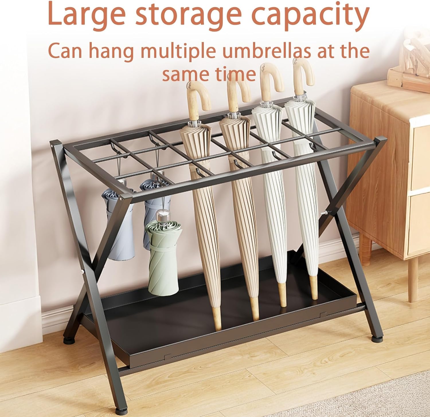 Compact & Foldable Umbrella Stand with Removable Drip Tray & Space Saving Hooks for Entryway Living Room Office & Store Black