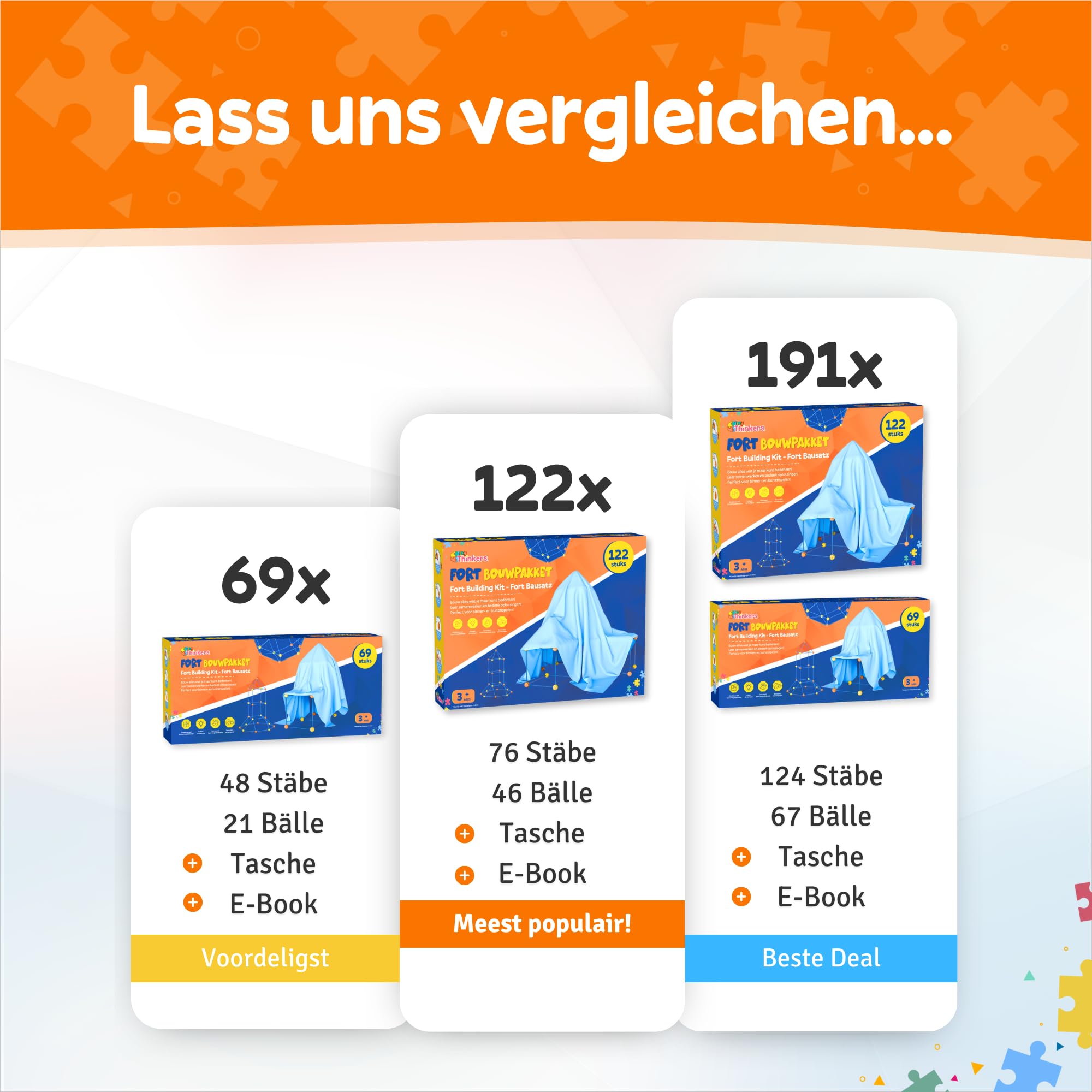 Fort Bausatz XL mit 191 Teilen, Höhle Bauen Kinder, Konstruktionsspielzeug Stecksystem, Spielzelt für Indoor & Outdoor, Kreatives Bauspielzeug, Steckspiele ab 5 Jahren, Inkl. Tasche & E-Book