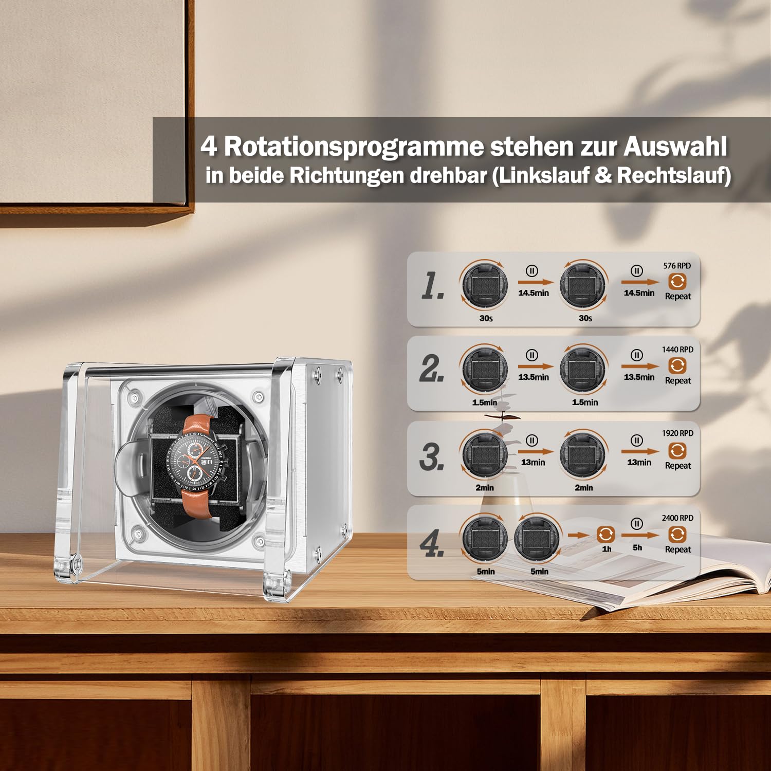 Watch Winder Smith Uhrenbeweger mit Mittelrotationsstoppfunktion - Uhrenbeweger für 1 Uhr - für großen Herren Automatikuhren