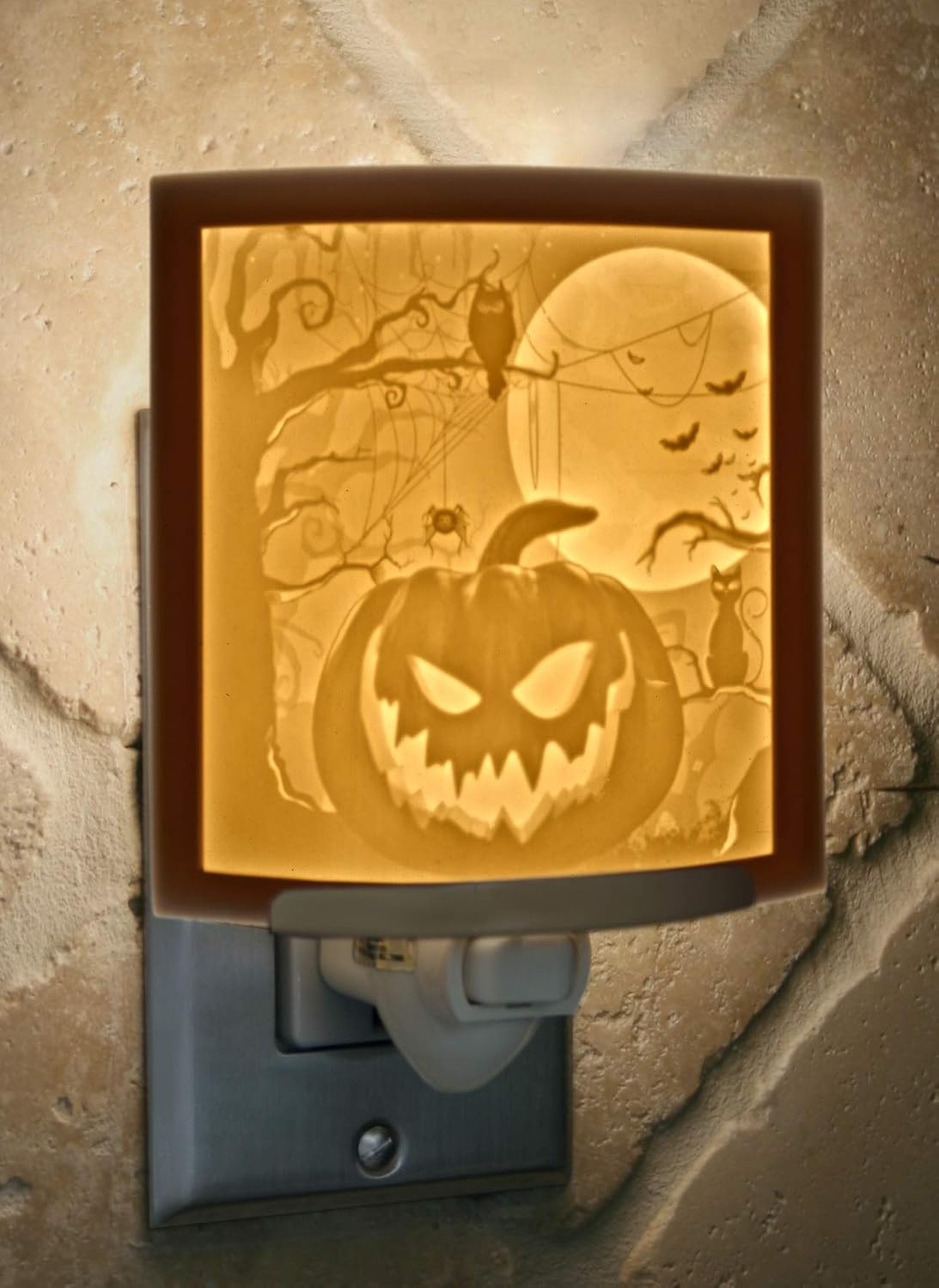 Halloween Pumpkin Lithophane Night Light, Etched Porcelain, Wall Plug in for Kitchen, Bath, Hallway Fall Themed Accent Light