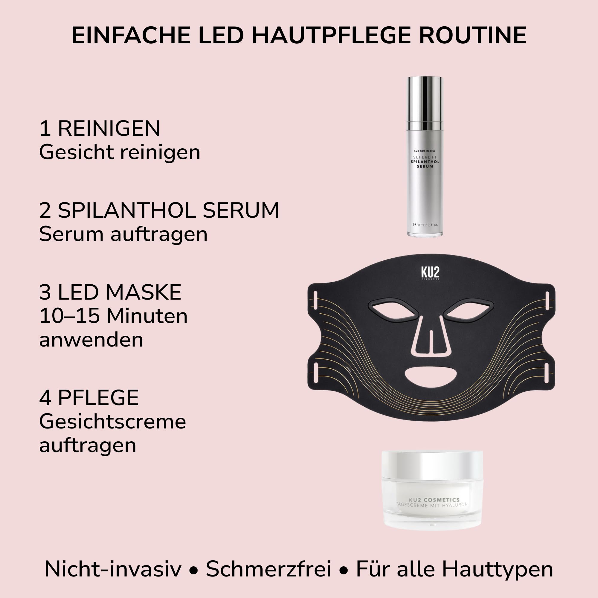 KU2 LED Lichttherapie Maske + Superlift Spilanthol Serum – Anti Aging Hautpflege Set mit Multi Hyaluron & Peptiden – LED Gesichtsmaske für glattere & hydratisierte Haut