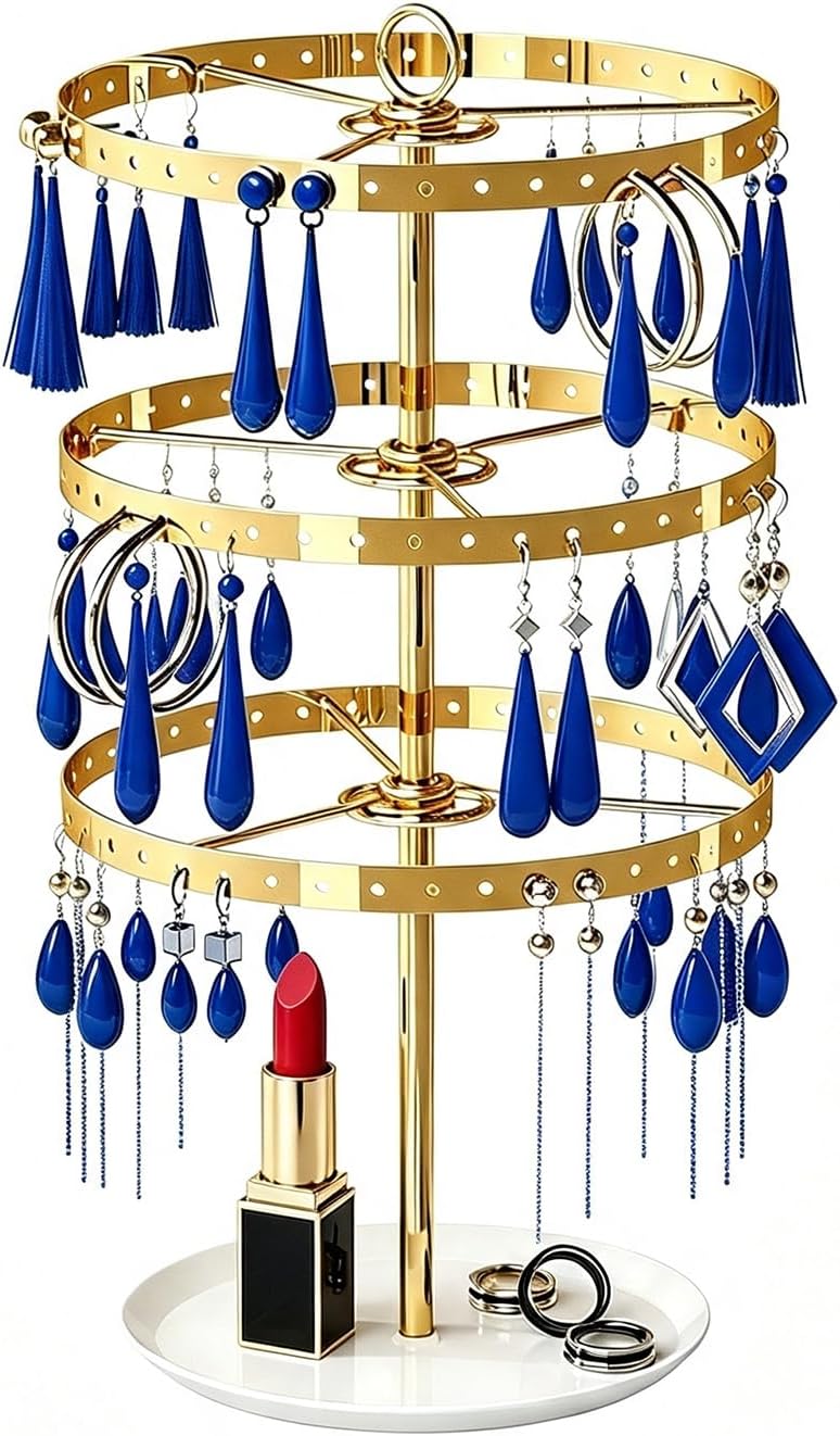 3 Tiers Earring Holder Organizer, Metal Rotating Earring Stand Adjustable Display Tree, 126 Holes Carousel Rack for Stud Hoop Pierced Dangling Women, Perfect View for All Earrings (Gold)