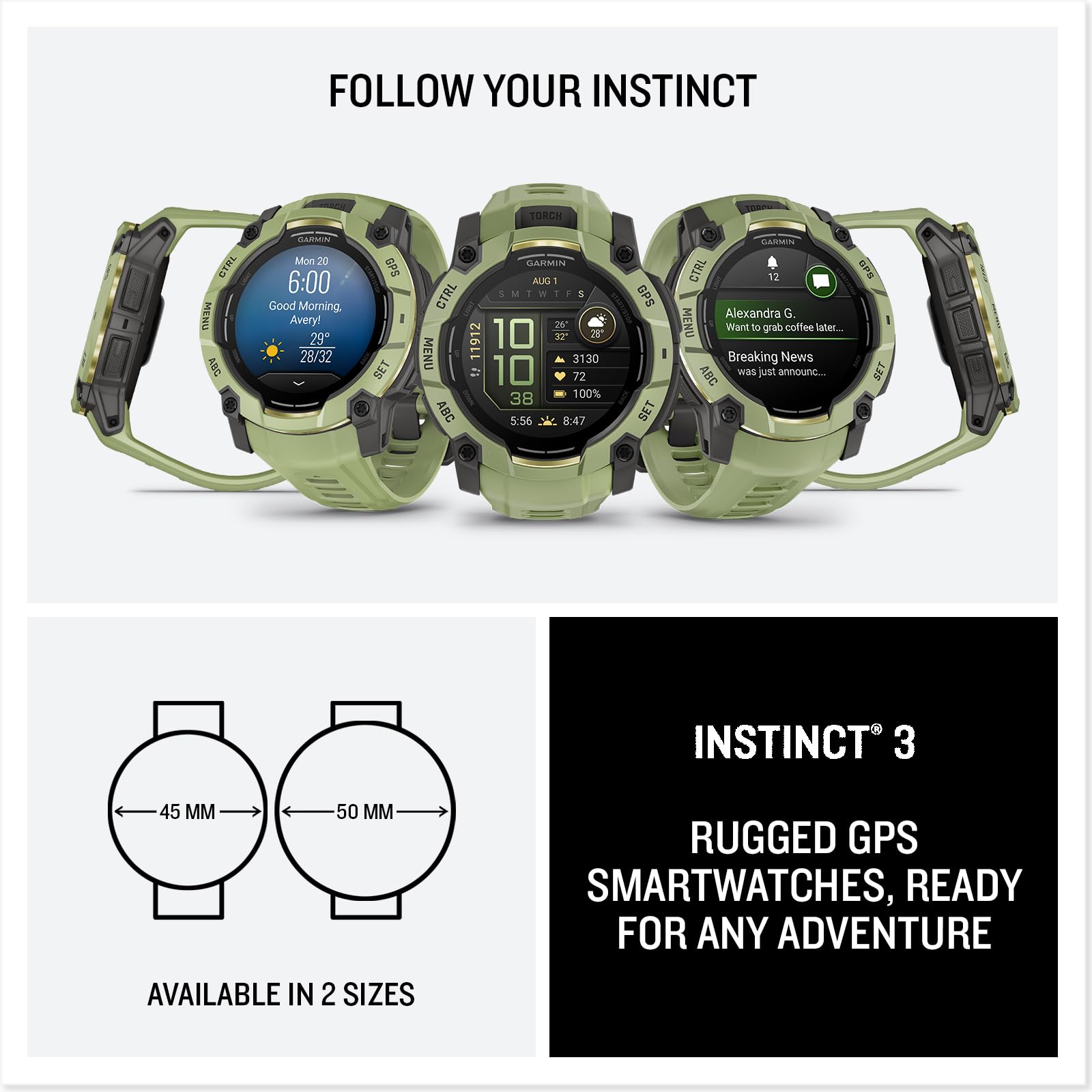 Garmin Instinct 3-50 mm, wytrzymały zewnętrzny smartwatch GPS, bateria 24-dniowa, wyświetlacz AMOLED, wbudowana latarka, kolekcja Alpine Rush, edycja limitowana, kolor zielony paproci z zieloną opaską