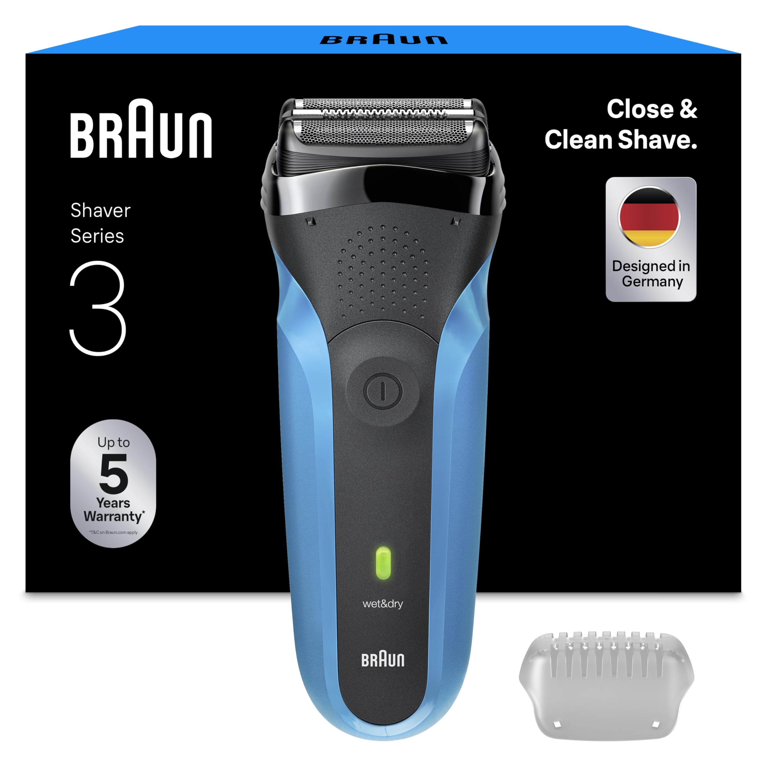Braun Series 3 Elektrorasierer 310s – Nass- und Trockenrasur, 3 Flex-Klingen, 2 Scherfolien + 1 Mitteltrimmer, 30 Min. Akku, Blau