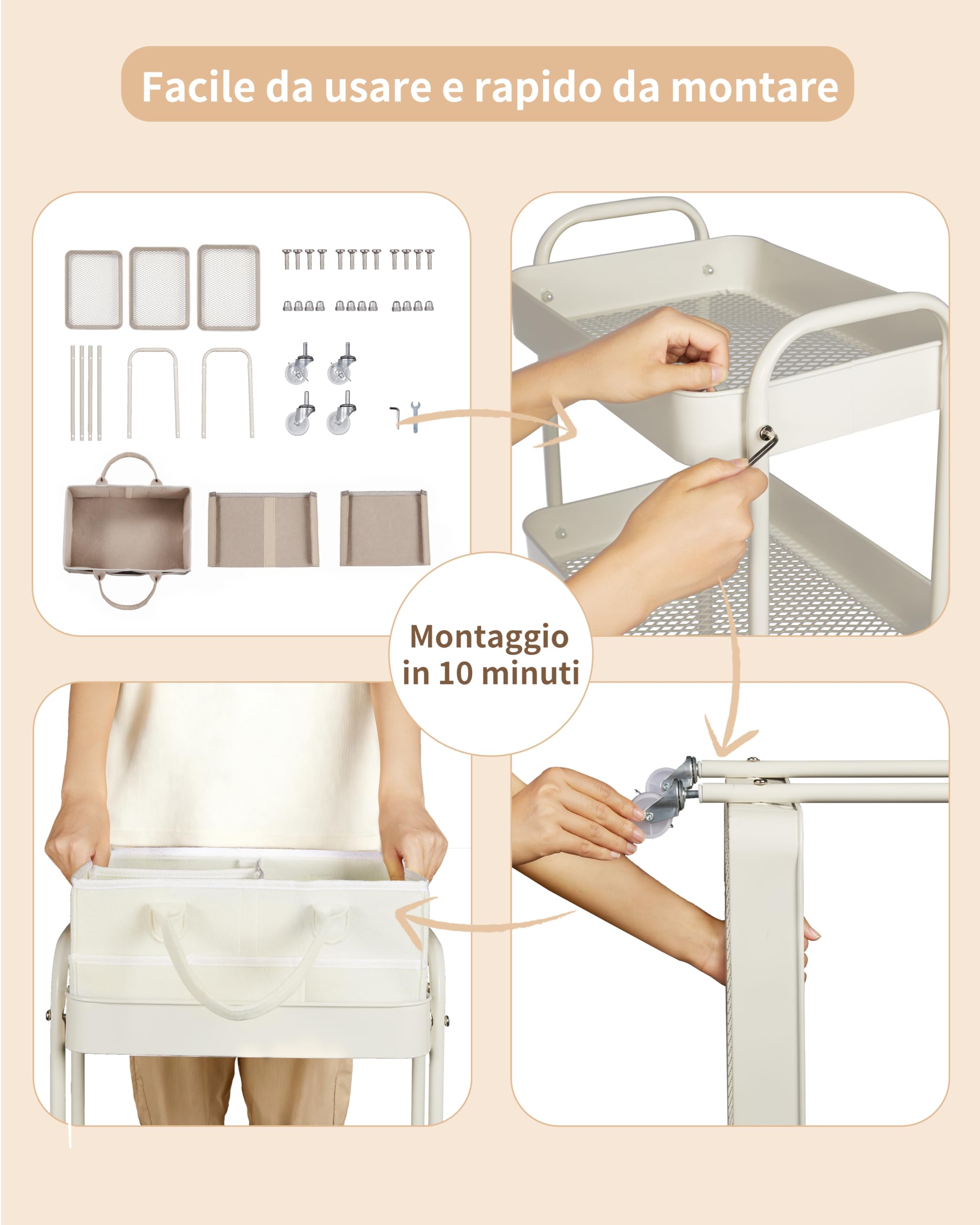 Fortella Carrello con Ruote Portatutto, Organizer Fasciatoio per Neonati Portatile, Ideale per Fasciatoio Neonato Bagno, Regalo Nascita Bimbo, 3 Ripiani Carrello Porta Attrezzi, Cucina (Beige)