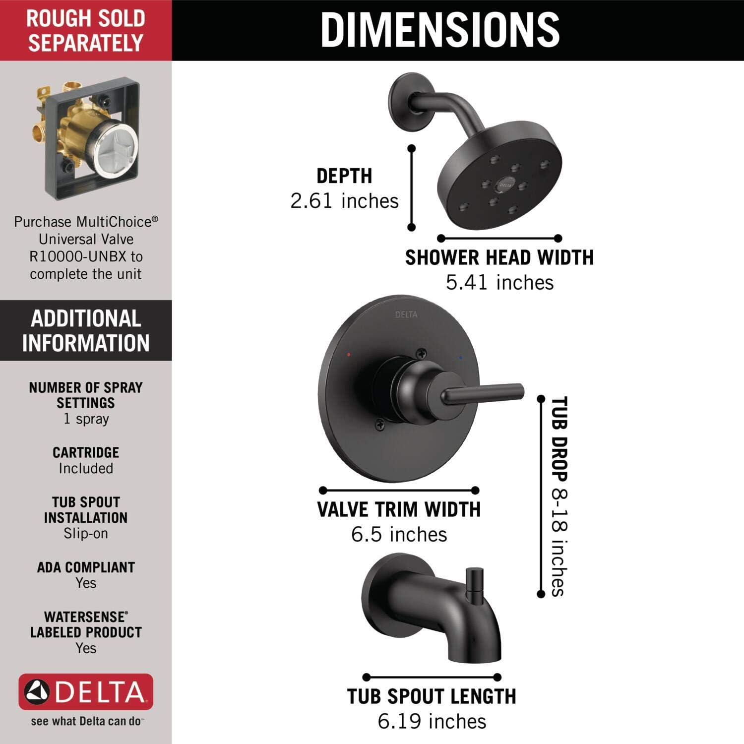 Buу 1 gеt 1 🔥 Delta Faucet Trinsic 14 Series Single-Function Tub and Shower Trim Kit with Single-Spray H2Okinetic Shower Head, Matte Black T14459-BL (Valve Not Included)