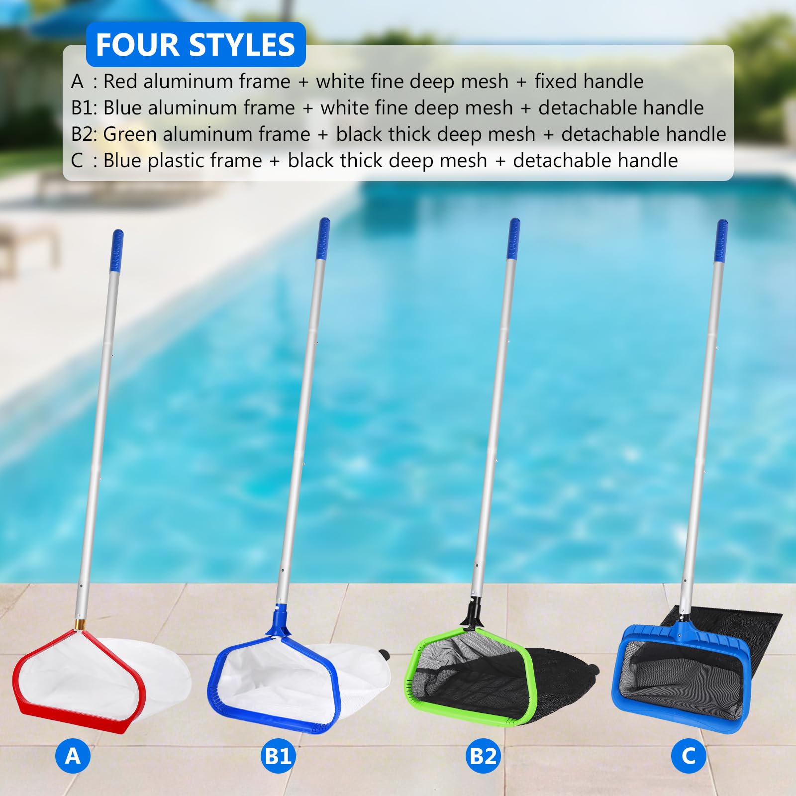 Épuisette de Fond pour Piscine, Filet de Nettoyage avec Manche réglable 2,8m Filet pour Piscine, épuisette pour étang, Spa - Type C (Cadre Bleu Plastique - Filet Noir Grossier Profond)
