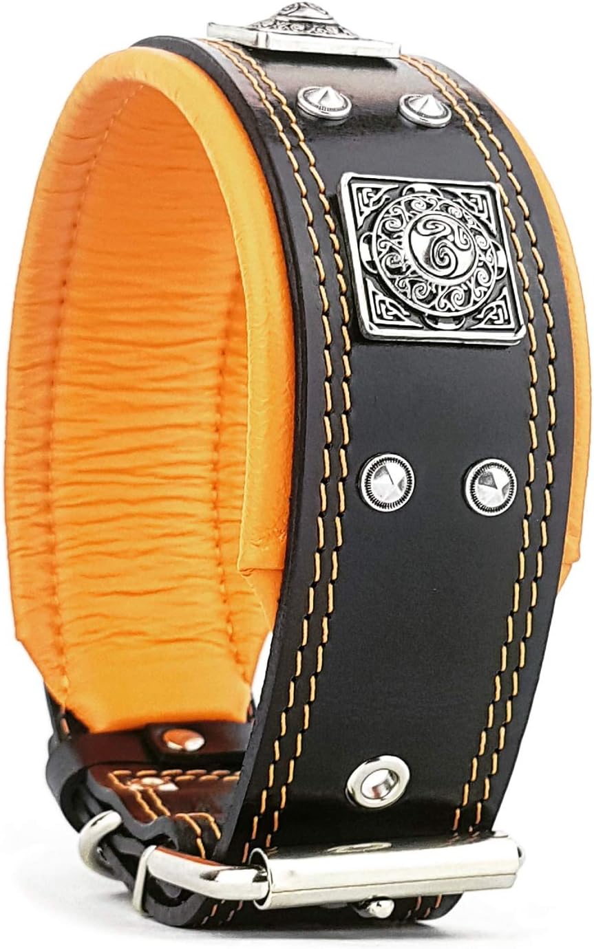 Bestia Eros Leather Dog Collar - 2.5 Inch Wide Dog Collar for Large Dogs with Soft Padded Cushion - Heavy Duty Leather Dog Collar with 4mm Thick Belt Leather and Metal Plates for Strong Breeds
