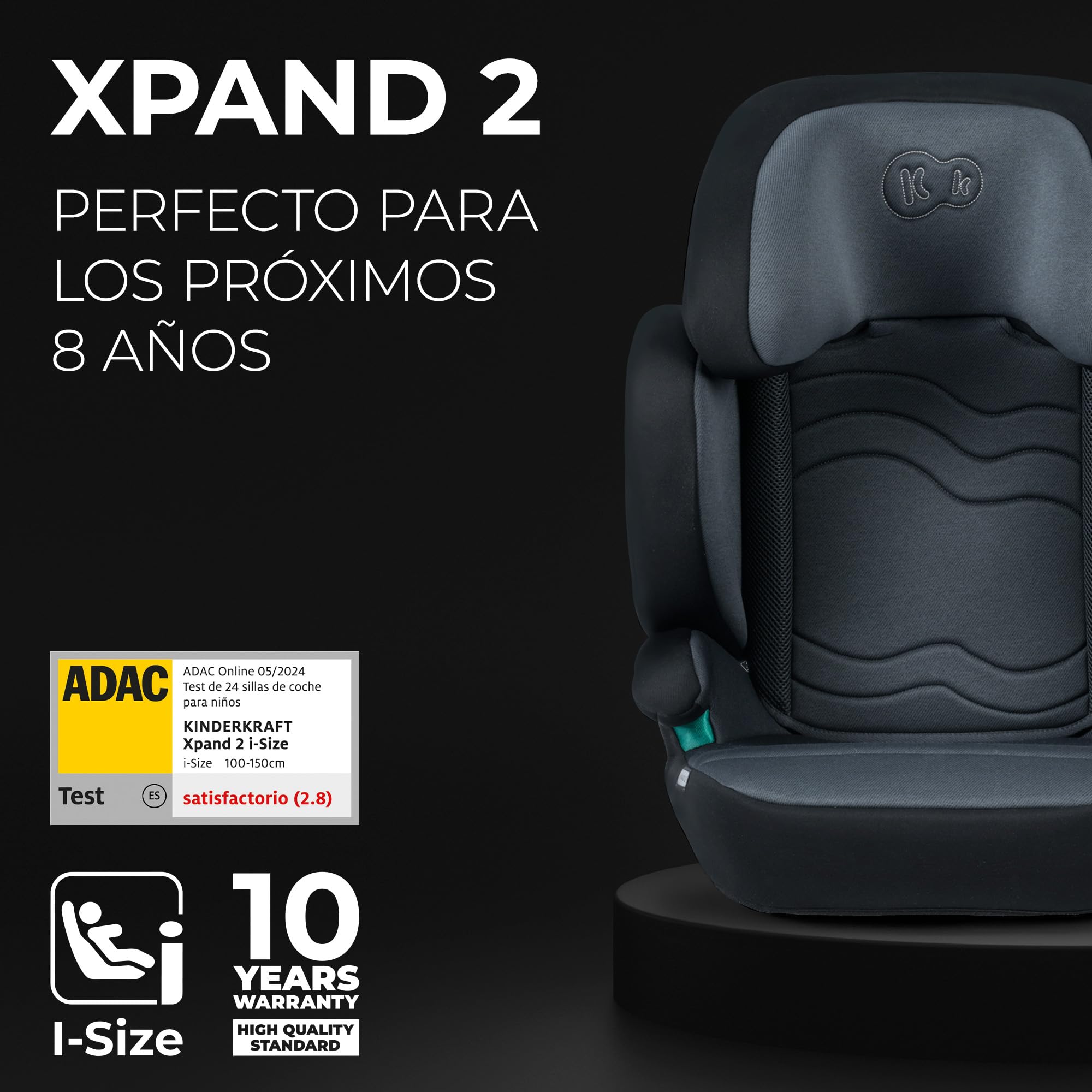 Kinderkraft XPAND2 I-Size, Silla de Coche Grupo 2/3, Reforzada, de 15 a 36 Kg, Negro