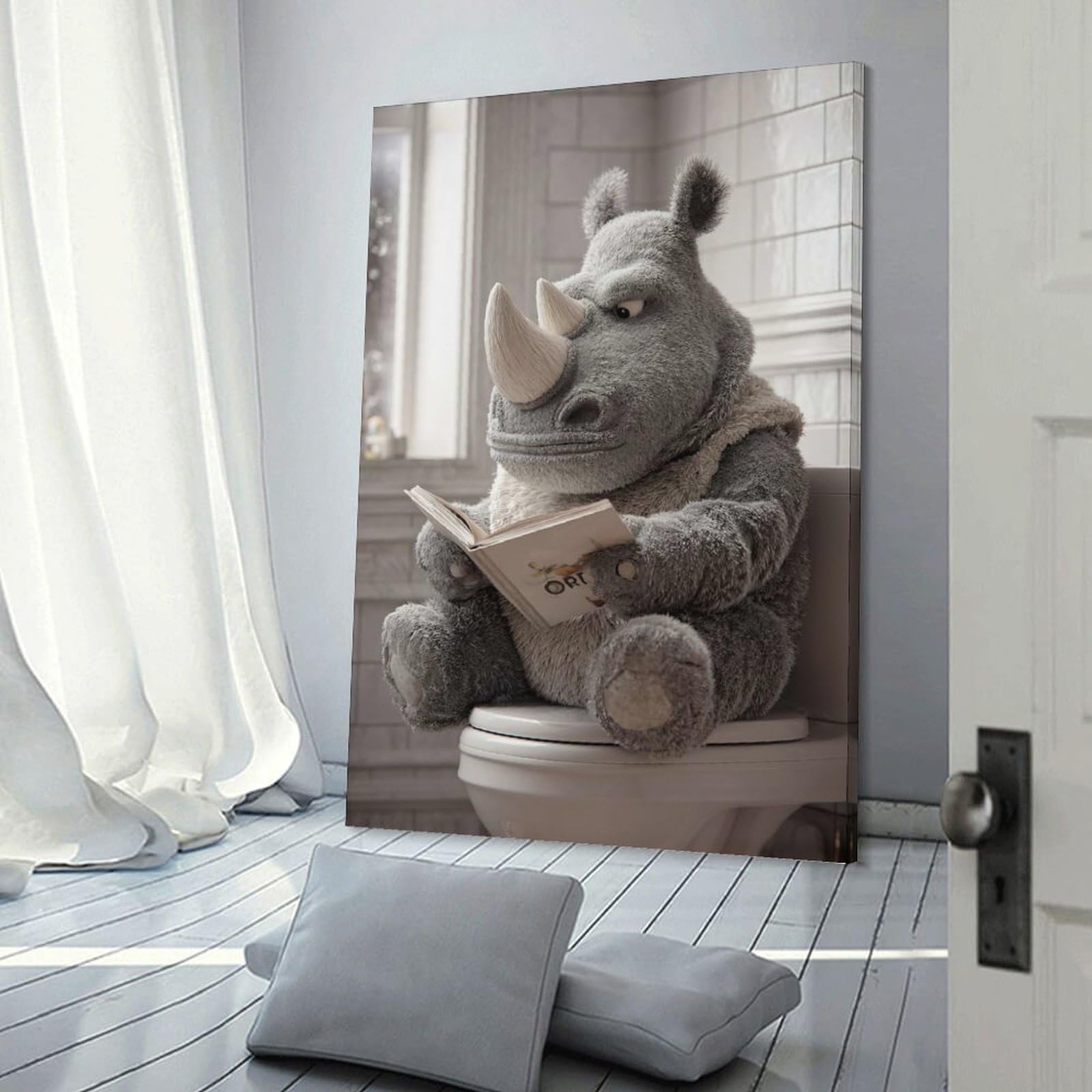 Junmoney Frame-Style-23-1 Rhino Reading On Toilet Wall Picture Print, 12X18inch(30X45cm), For Workspace Walls, Study Corners Or Bedrooms, Wall Art That Adds Style To Work Areas