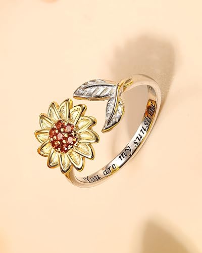 Miniatura 5 de Anillos de plata de ley 925 con girasol, anillo de ansiedad para mujer, para aliviar la ansiedad y el estrés, anillos giratorios de flor con