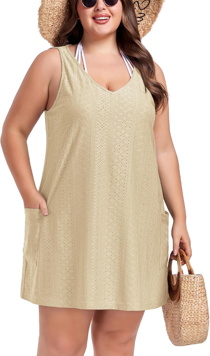 ZOMVA 2025 Women's Plus Size 0X-4X Swimsuit Coverup with Pockets Sleeveless Bikini Beach Cover Up Dress Outfits Swimwear