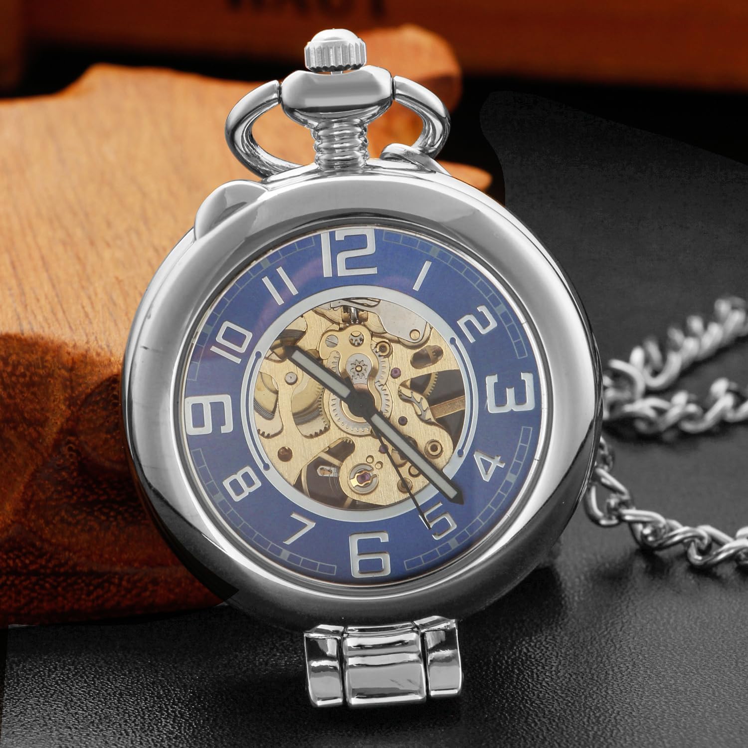 Stainless Steel Single Open Men's Mechanical Pocket Watch, Roman Digital Dial Mechanical Pocket Watch for Men