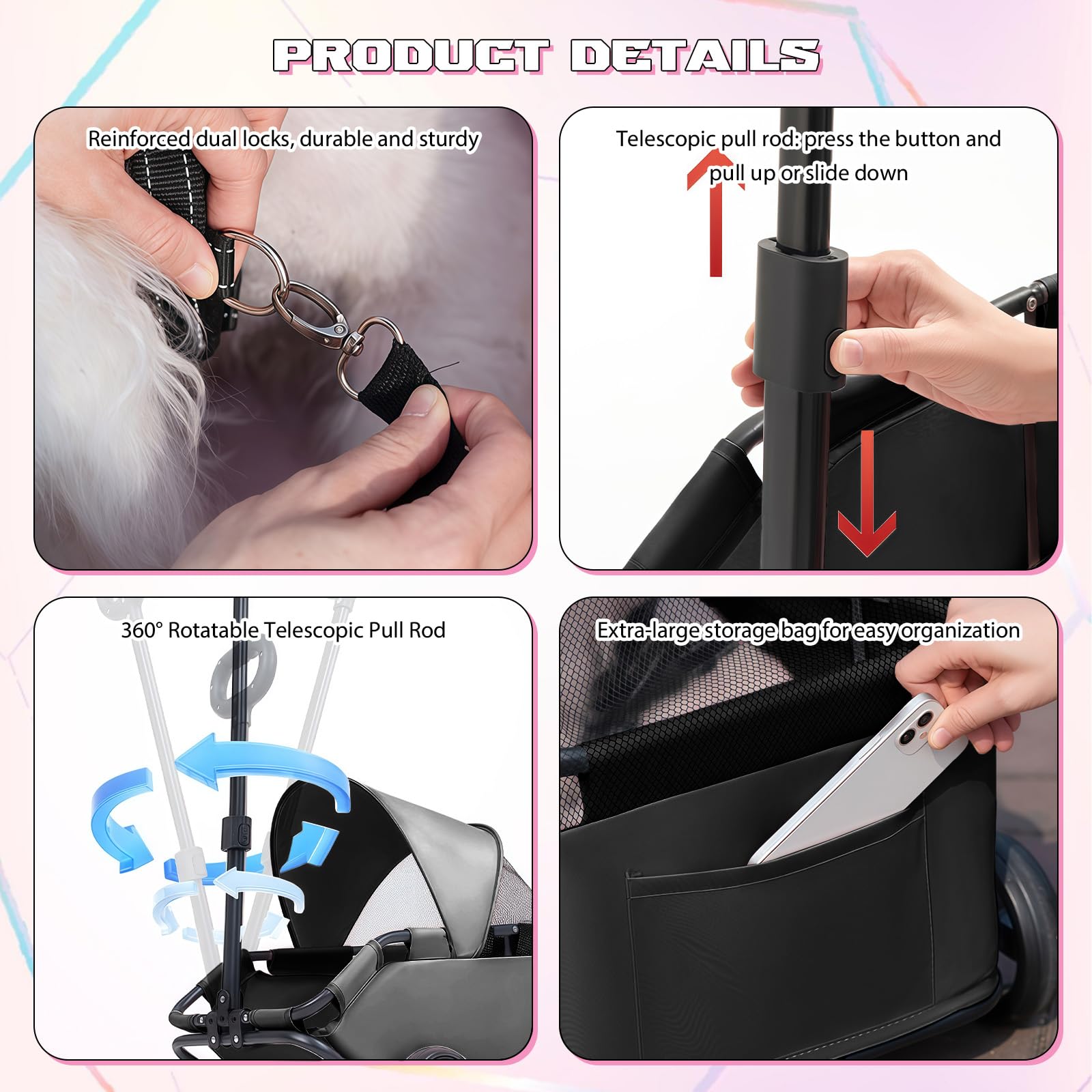 Chariot Pliable pour Chien, 4 Roues avec Barre Pivotante à 360°, Poussette pour Chat avec Visière Solaire, Mini Poussette pour Animaux de Compagnie, Tissu Oxford 600D (noir)