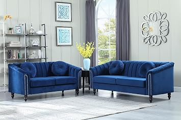 Velvet Sofa Sets Couch Sets for Living Room,76 Chesterfield Loveseat Sofa Set with 4 Pillows and Rolled Arm for Living Room/Apaetment/BedroomBlue,2pcs