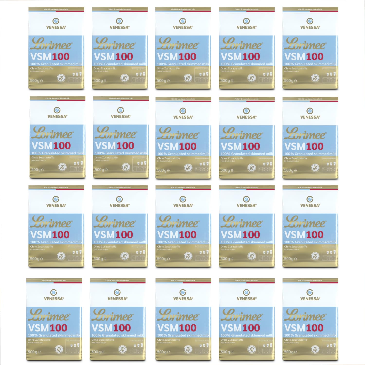 Venessa VSM 100 Lorimee 20 x 500g Magermilchpulver Granulat Hochwertiges Skimmed Milchpulver, Vorratspackung, Geeignet für alle Kaffeeautomaten und Heißgetränkeautomaten