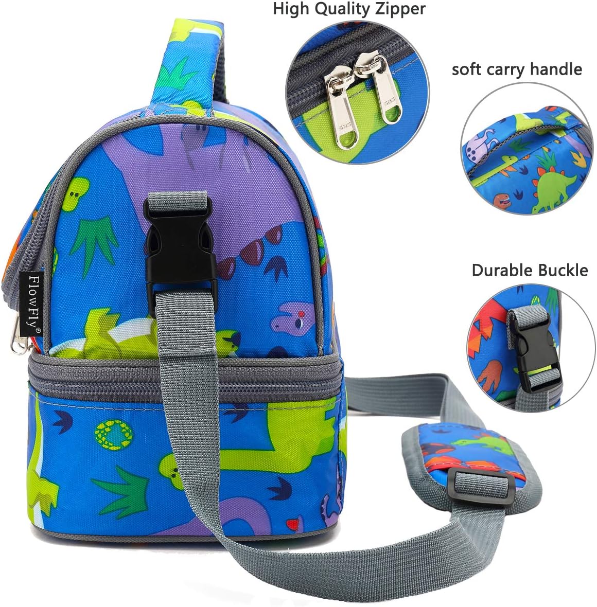 FlowFly Kids Double Decker Cooler Insulated Lunch Bag Large Tote for Boys, Girls, Men, Women, With Adjustable Strap, Dinosaur - Image 5