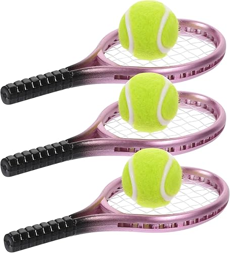 Miniatura 7 de Miniatures 3 juegos de mini raqueta de tenis, accesorios para casa de muñecas 112, mini raqueta de tenis deportiva y juego de pelota para mini casa