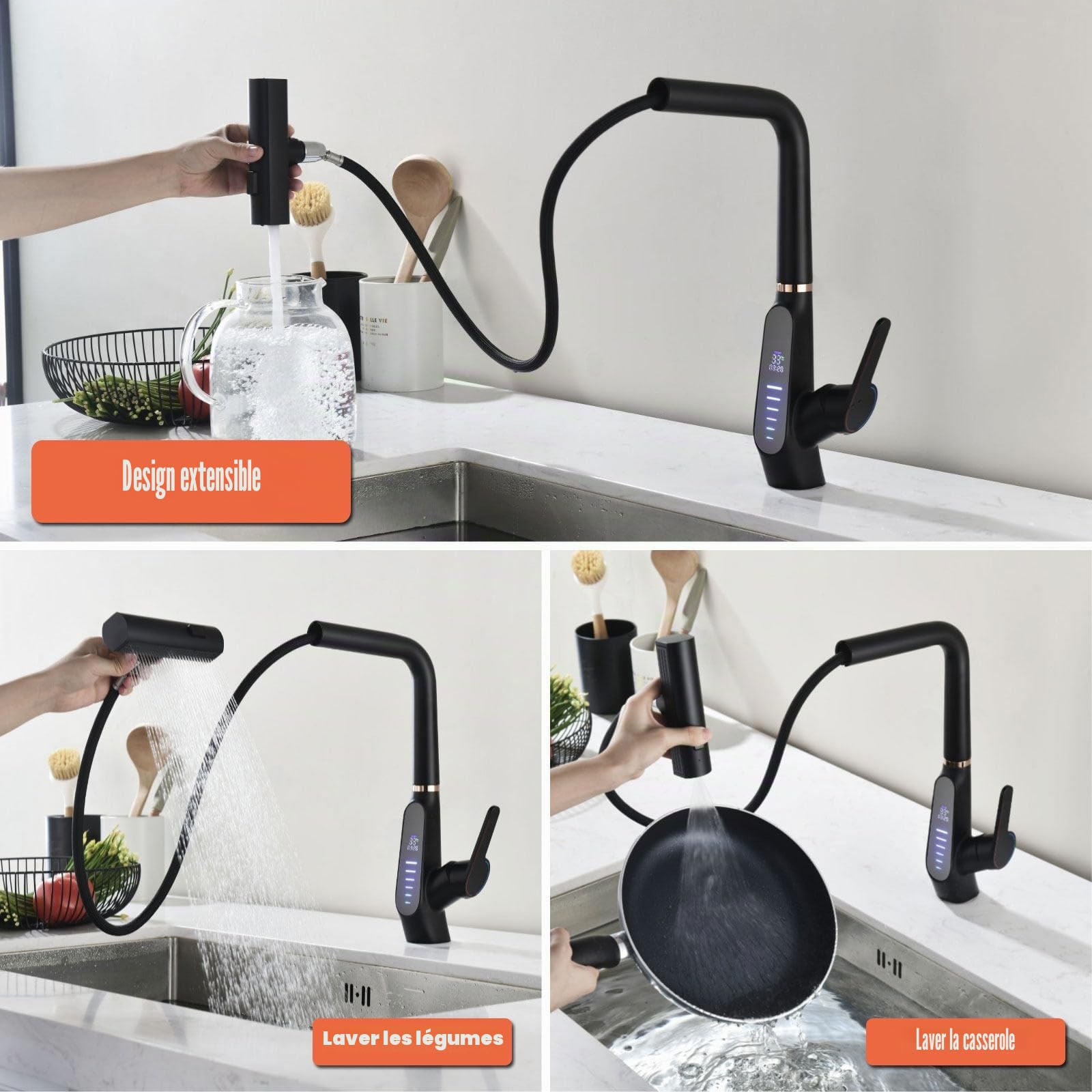 Robinet de Cuisine Extractible, Affichage Numérique LED, Cascade, 3 Modes de Débit d'eau, Pivotant à 360° Mitigeur Cuisine Robinet, Mitigeur Cuisine à Poignée Unique, 59A Cuivre (Noir)