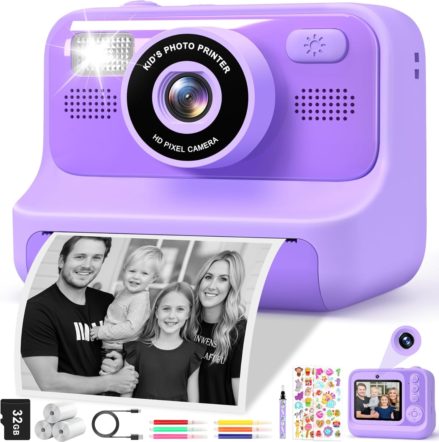 Subtail Fotocamera istantanea per bambini, 1080P, fotocamera istantanea per bambini, fotocamera digitale per selfie con 32 GB, giocattolo di compleanno a partire da 3-12 anni(Viola)
