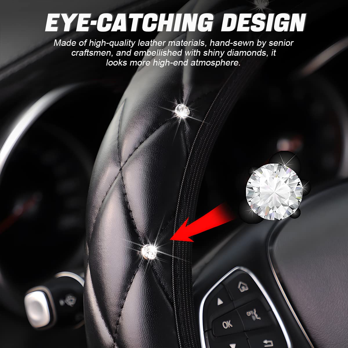 JNNJ Couvre Volant Universelle, Anti-Dérapant Couvre Volant Bling Diamant Glitter, Housse en Cuir avec Strass en Cristal, 37-38cm Protege Volant Voiture à Paillette Diamant pour Femmes(Noir)