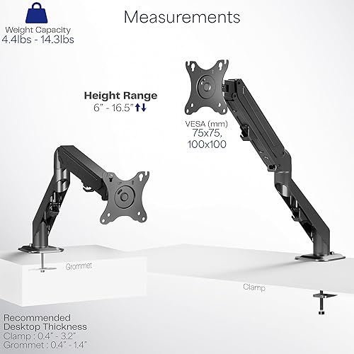 Vista 4 de VIVO - Brazo de resorte neumático articulado negro, con abrazadera para soporte de escritorio Se adapta a pantallas de monitor de 17 a 27" con Max