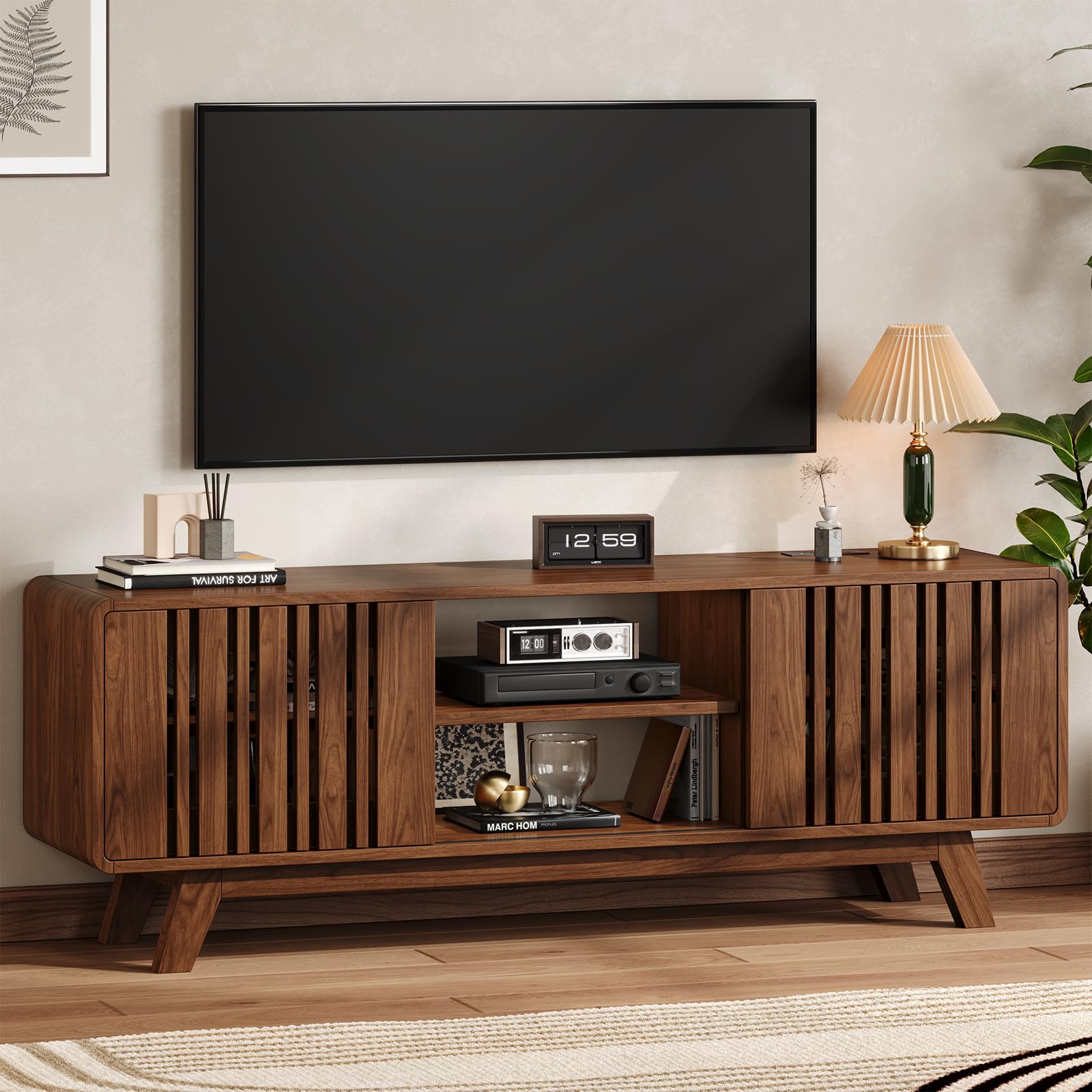 ONBRILL 63-Inch TV Stand for TVs up to 75 Inch, Mid-Century Modern Television Stand with Power Outlet? Entertainment Center with Sliding Grille Door Cabinets and Open Shelves for Living Room, Walnut