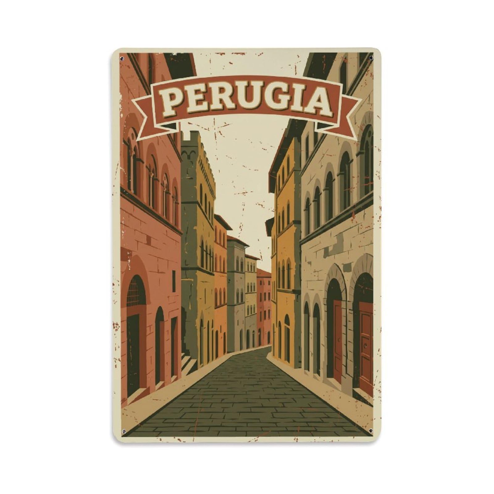 Vintage Travel Perugia Via Dei Priori Historic Street Italy Metal Tin Sign Plaque Wall Decor for Cafe, Club Bar, Office, Home Garden Metal Poster 8x12Inch