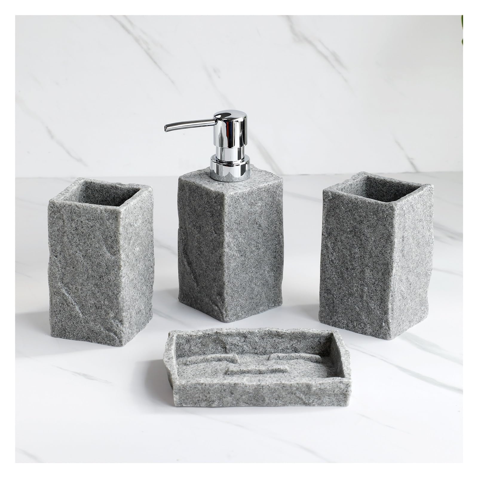 Bathroom Soap Dispenser Set 4PCS Bathroom Accessories set Iiquid Soap Dispenser Toothbrush Holder Mouthwash cup Dish Imitation Granite appearance