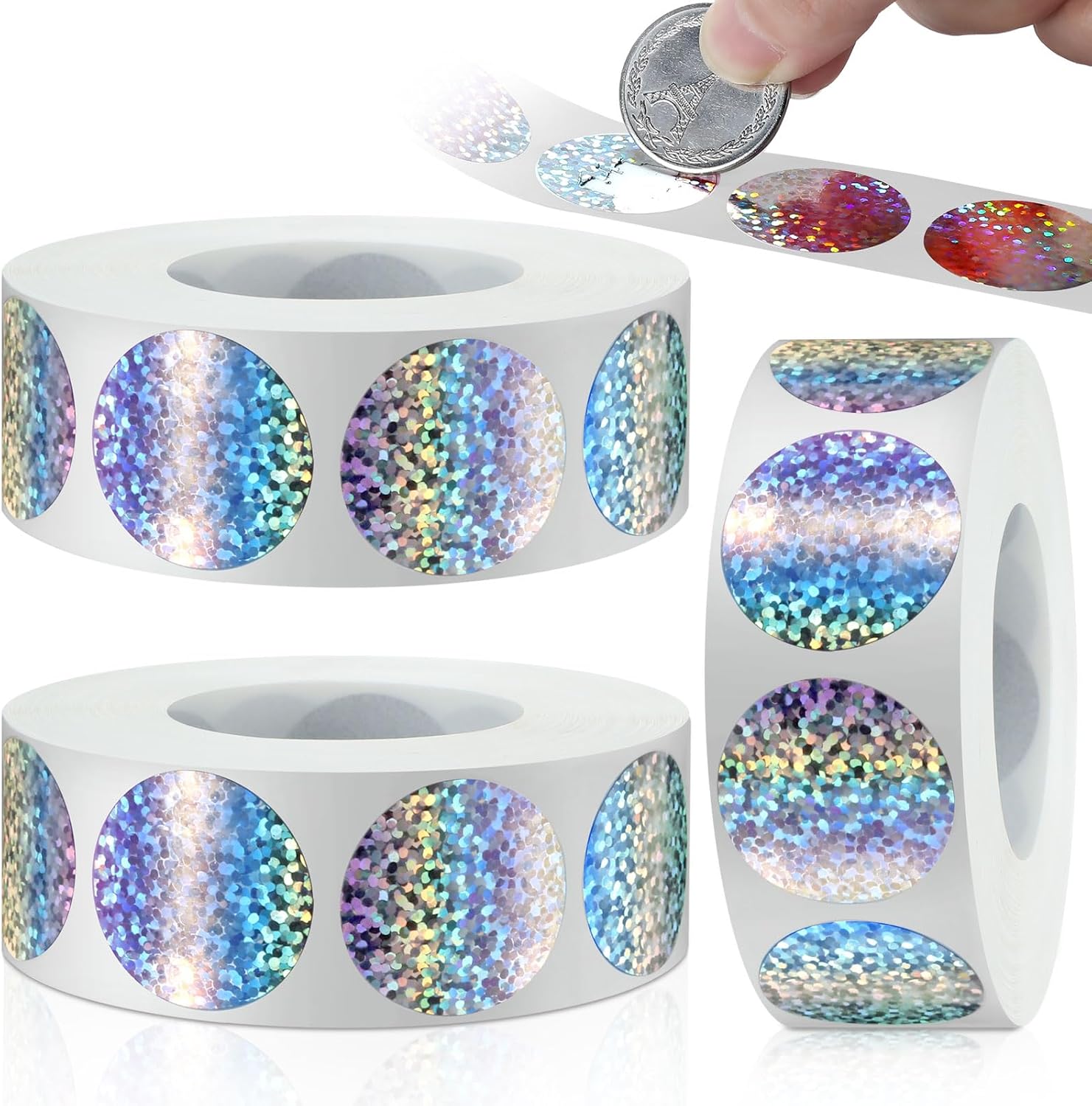 Leinuosen 3000 Pieces Scratch Offs Sticker DIY Holographic Circle Stickers Round Silver Hologram Glitter Labels Make Your Own Scratch Card Gift for Office Party Games,1 x 1 Inch Circle