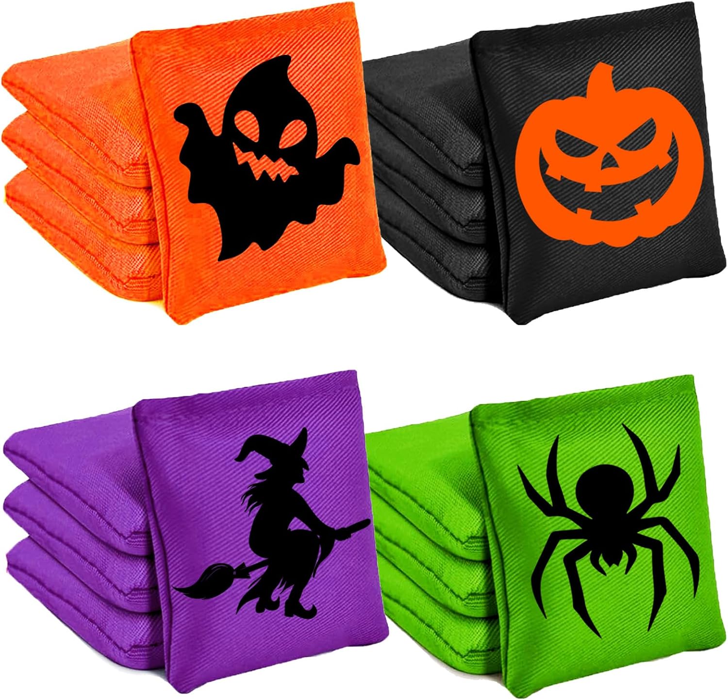 JarThenaAMCS 12Pcs Halloween Bean Bags Ghost Pumpkin Witch Spider Cornhole Game Bags for Party Gathering Game Supplies (Orange Black Purple Green)