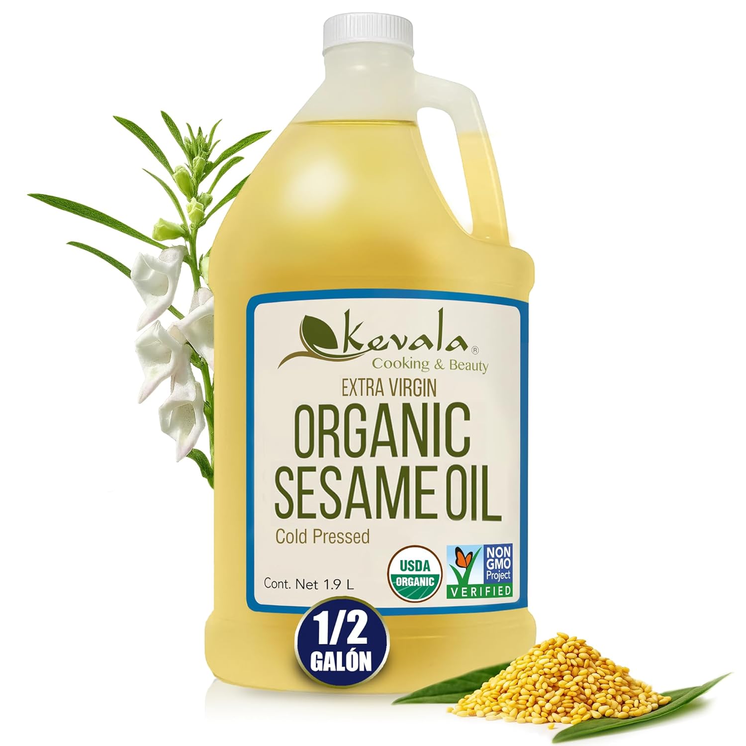 Kevala Organic Extra Virgin Sesame Oil - 64 fl oz - 1/2 Gal – Sesame Seed Organic – Cooking Oil – Cold Pressed - Unrefined