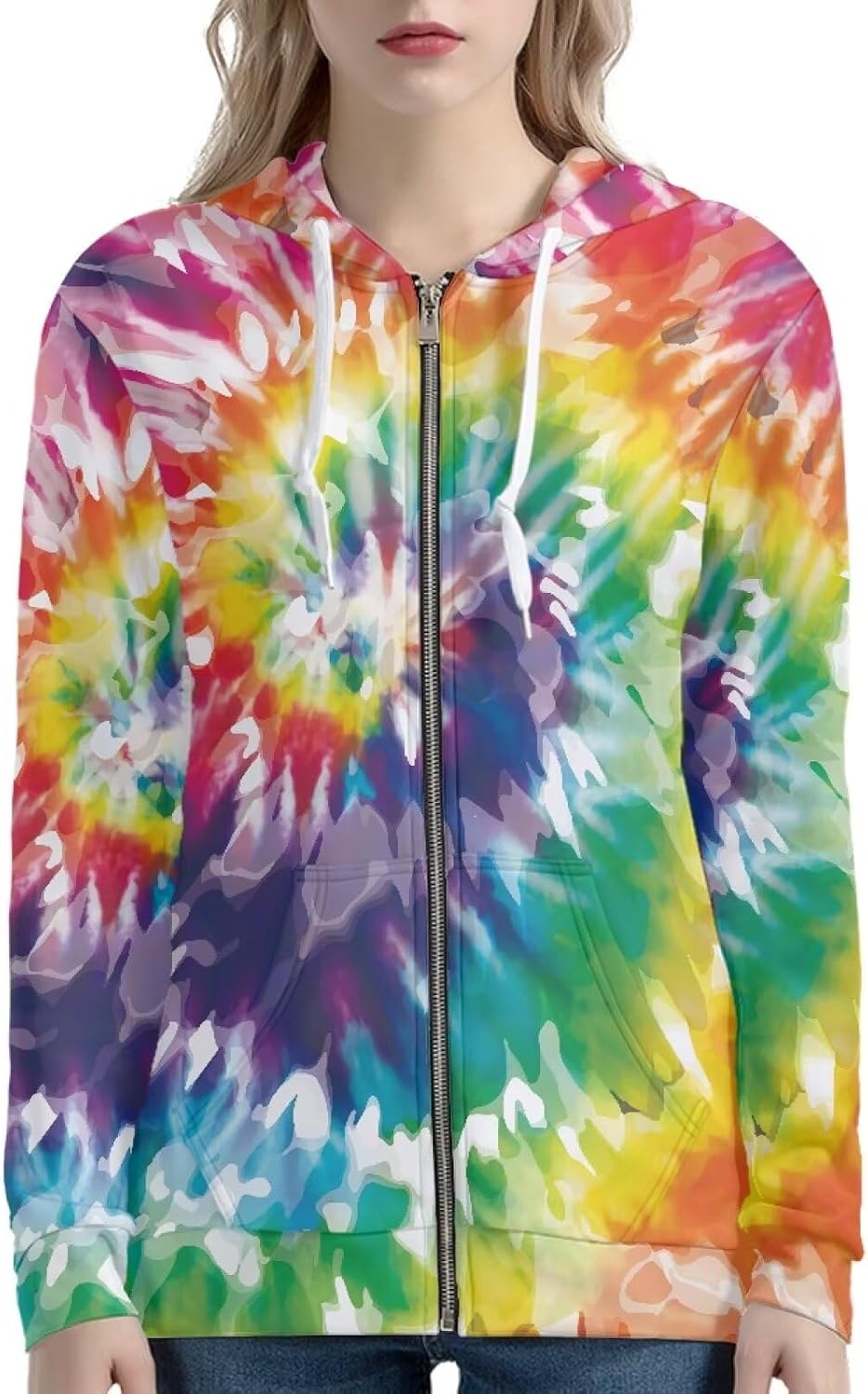 Amzbeauty Graphic Print Zip Up Hoodies For Women Trendy Spring Fall Long Sleeve Drawstring Hooded Coat