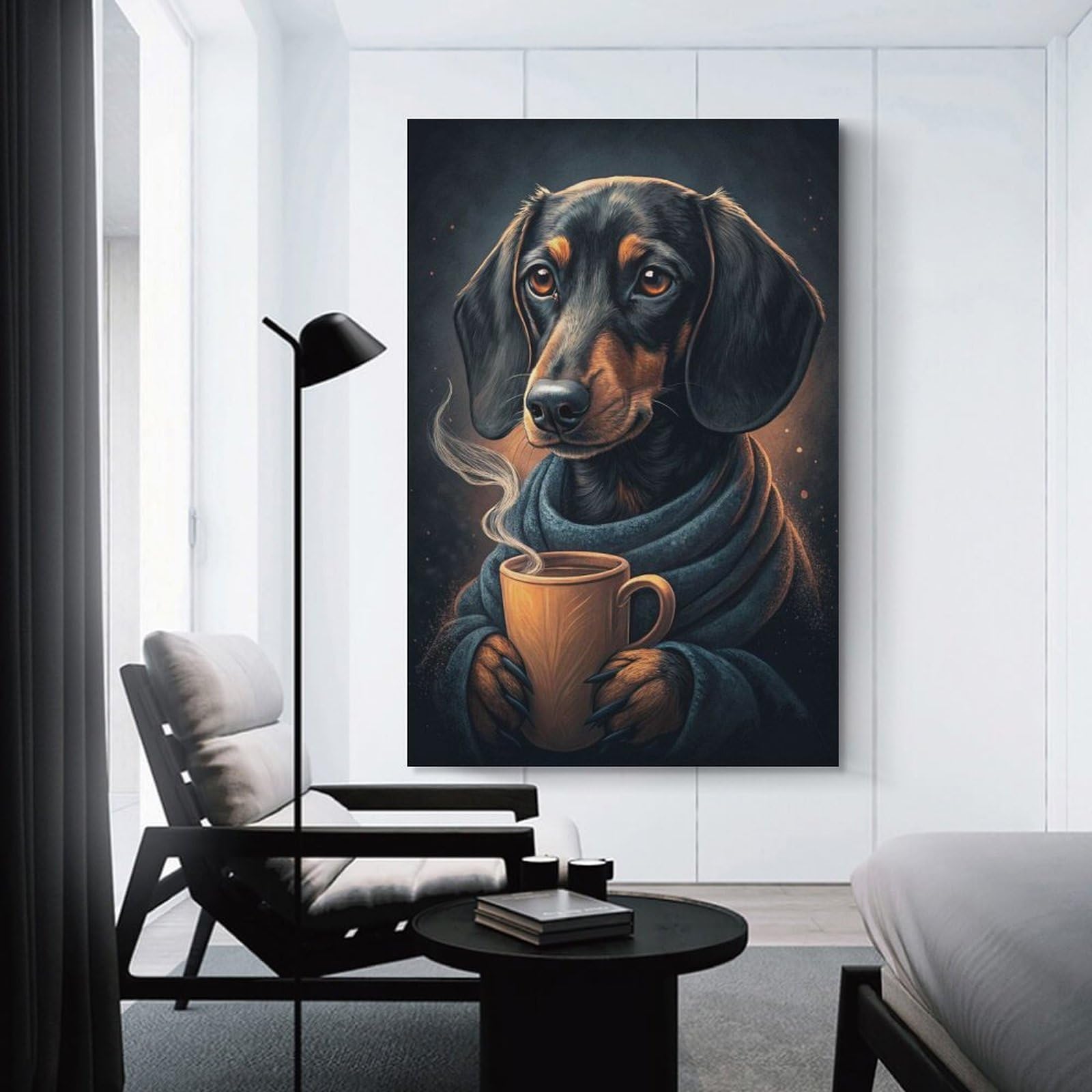 Junmoney Unframe-Style-7 Wall Picture Print Dachshund With Coffee And Scarf, 24X36inch(60X90cm), For Entrance Walls, Hall Decor Or Foyers, A Neat Decor Update For Hallways