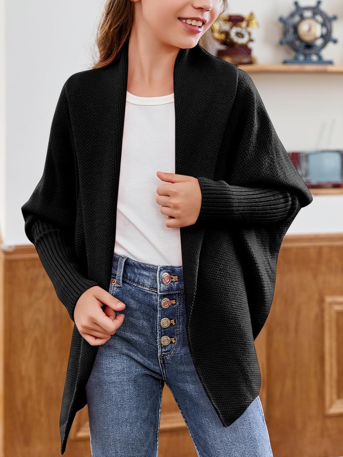 Laseily Girls Open Front Cardigan Sweaters Batwing Long Sleeve Shawl Collar Ribbed Knit Winter Coats - Image 5
