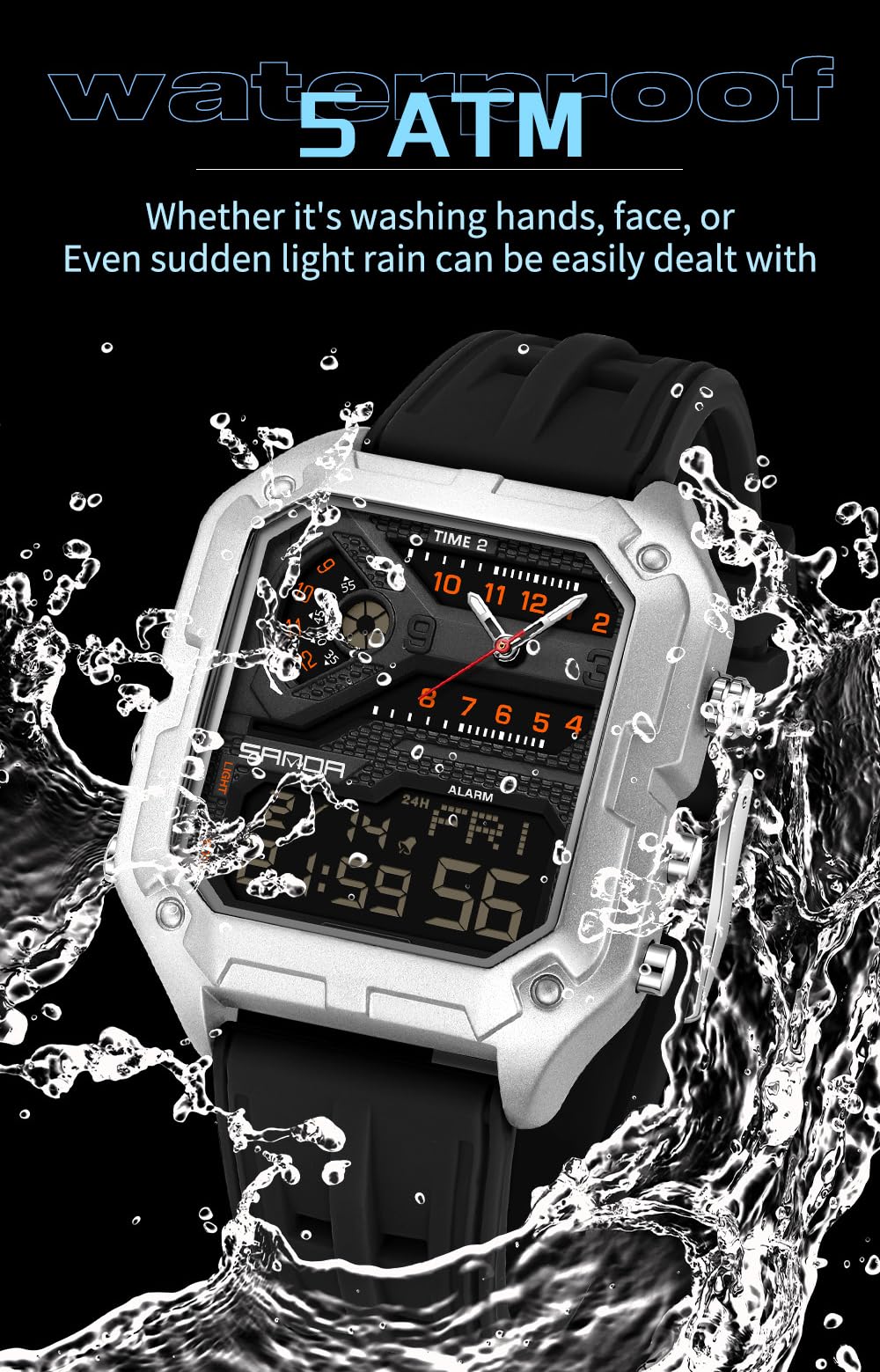 CARLIEN Orologio da polso da uomo, elegante, con grande quadrante digitale, retroilluminato a LED, luminoso, cronometro, alla moda, casual, impermeabile fino a 5 atm, al quarzo, da uomo